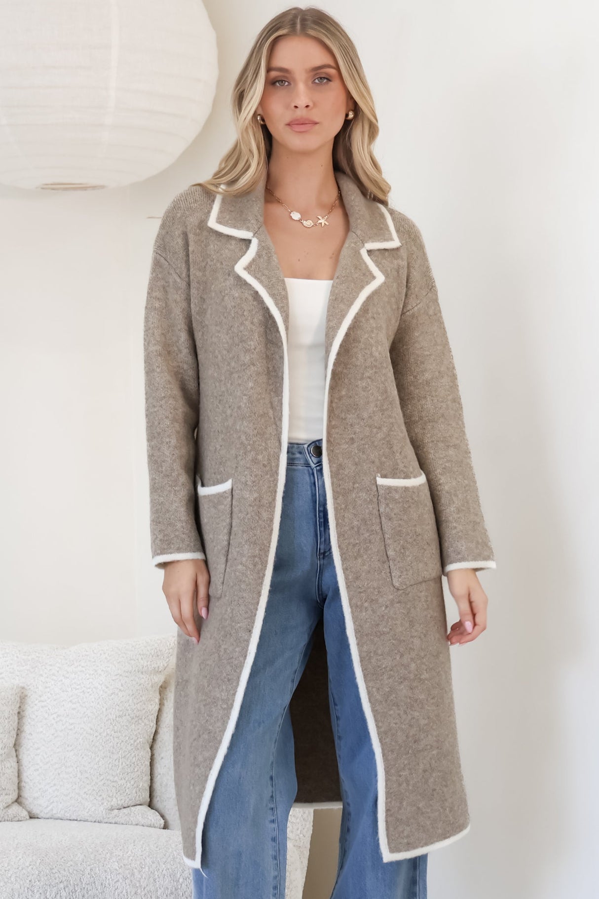 Boston Cardigan - Collared Contrast Hem Cardigan with Pockets in Taupe