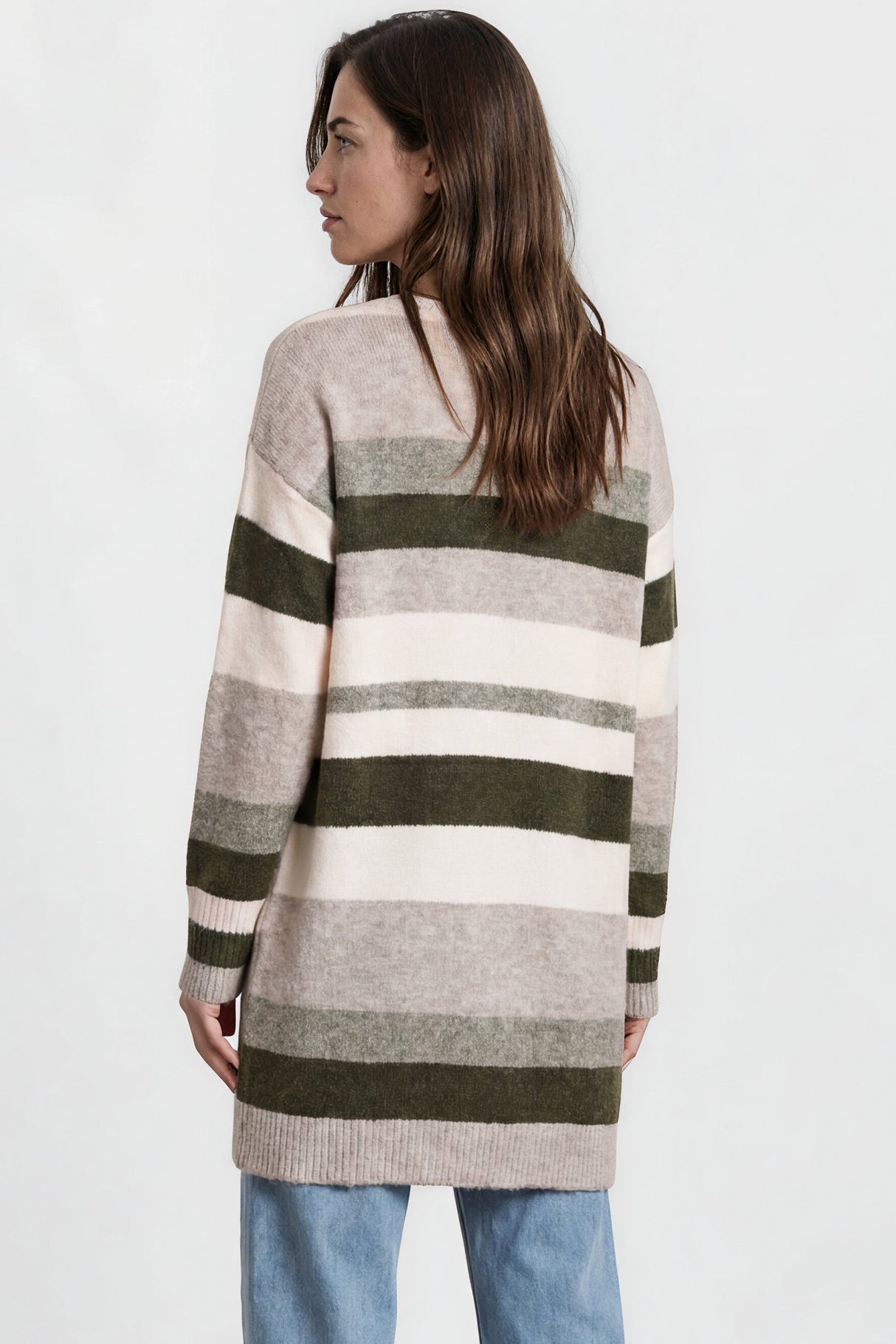 Alfie Cardigan - Open Stripe Knit with Pockets and Rib Knit Trim in Baby Pink/Mocha
