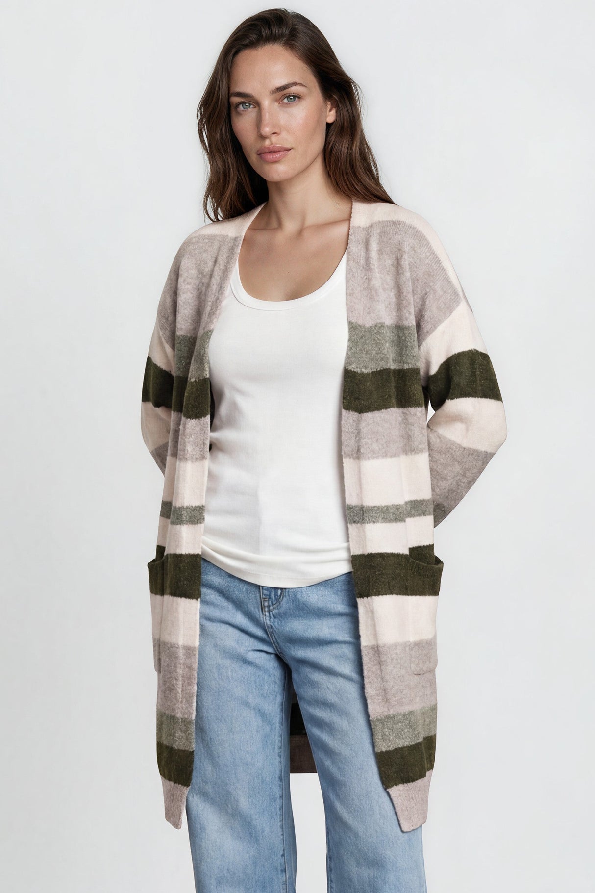 Alfie Cardigan - Open Stripe Knit with Pockets and Rib Knit Trim in Baby Pink/Mocha