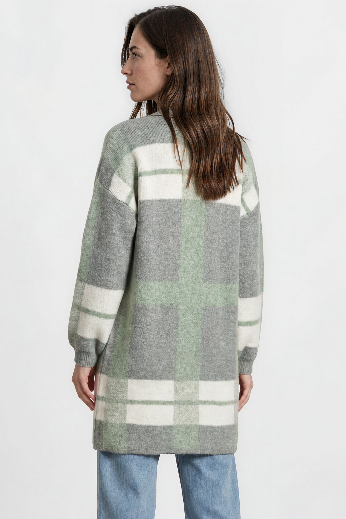 Heath Cardigan - Shawl Collar Open Front Checkered Cardigan in Green/White