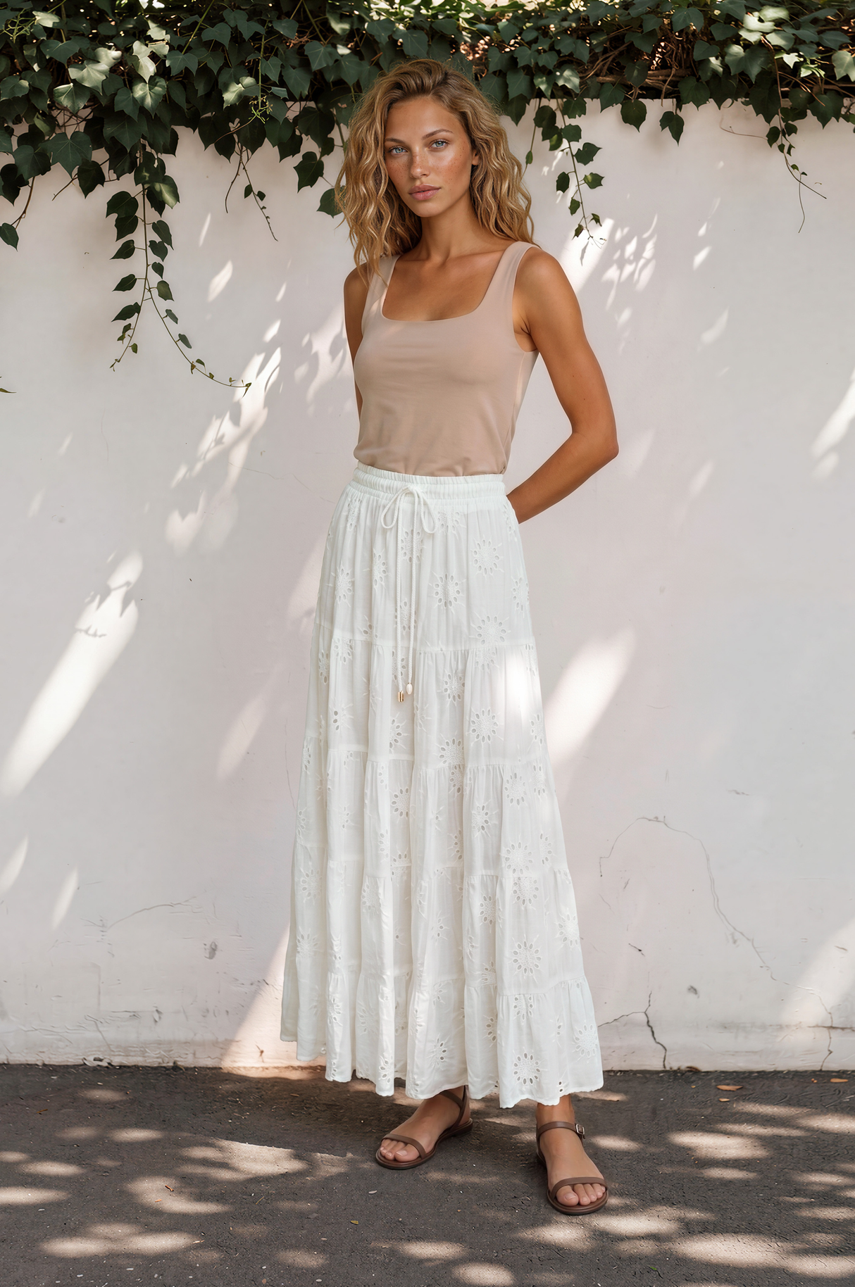 Blanche Maxi Skirt -Hollow out Embroidered Skirt in White