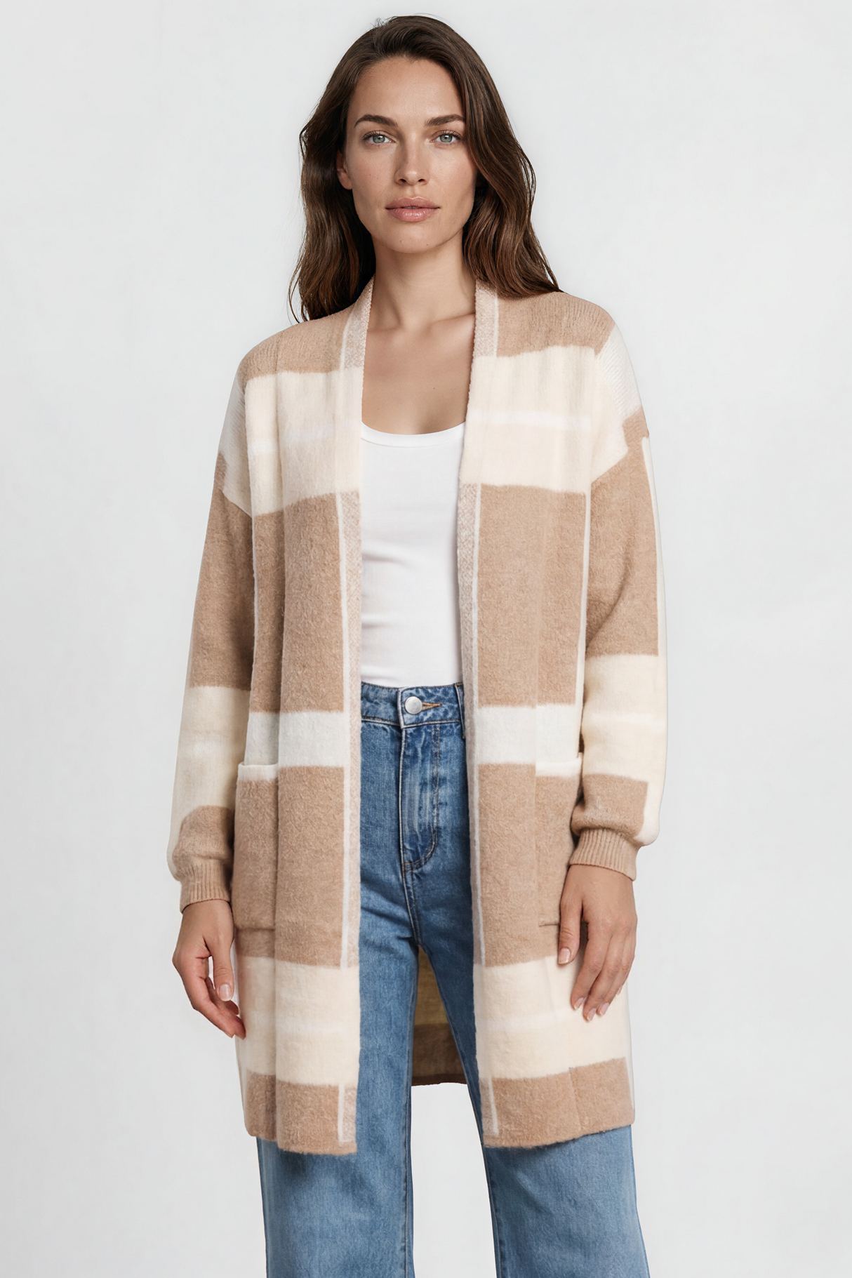 Heath Cardigan - Shawl Collar Open Front Checkered Cardigan in Beige/Camel