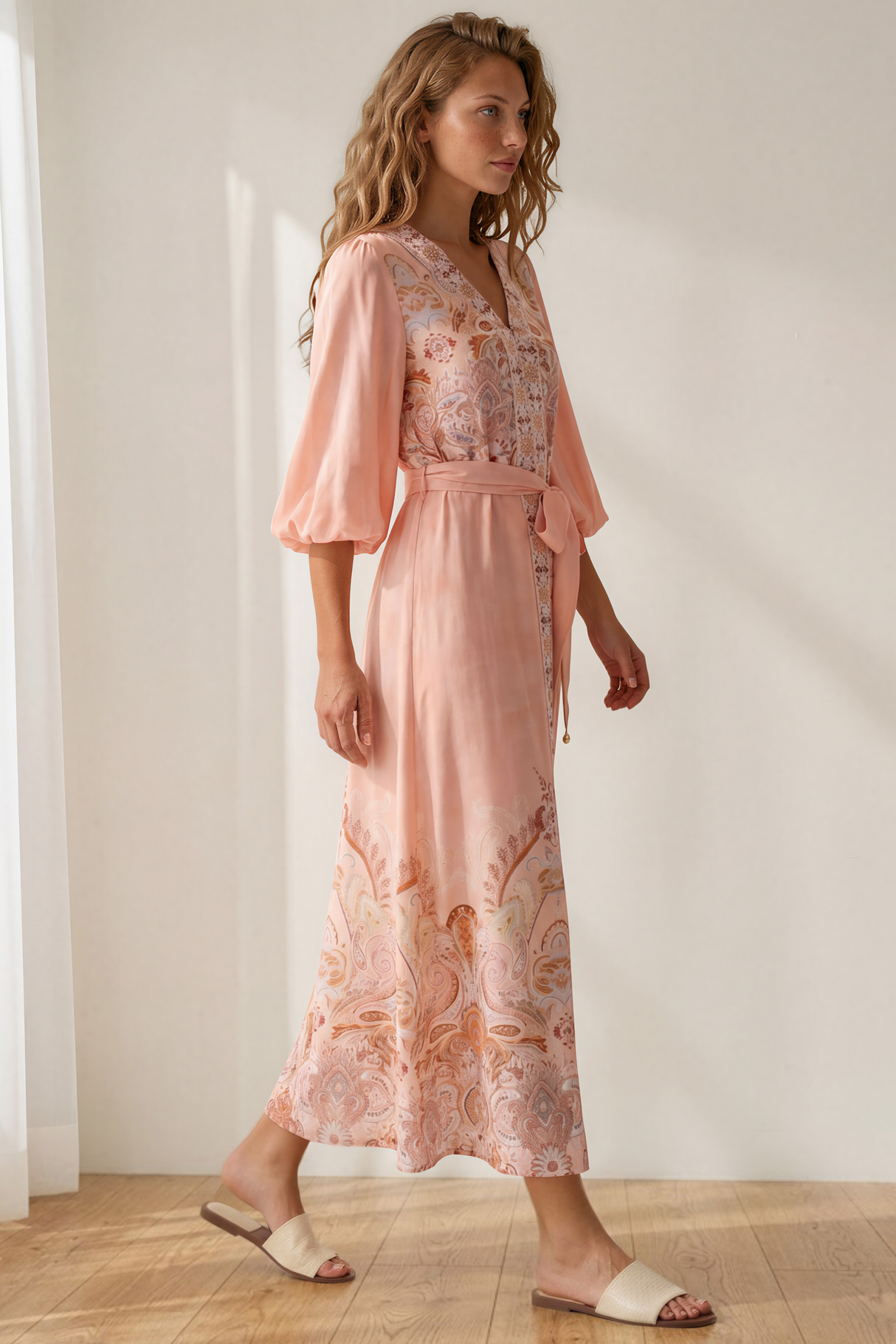 Abbey Maxi Dress - V Neck Long Sleeve Button Down with Pockets and Belt in Jolie Print