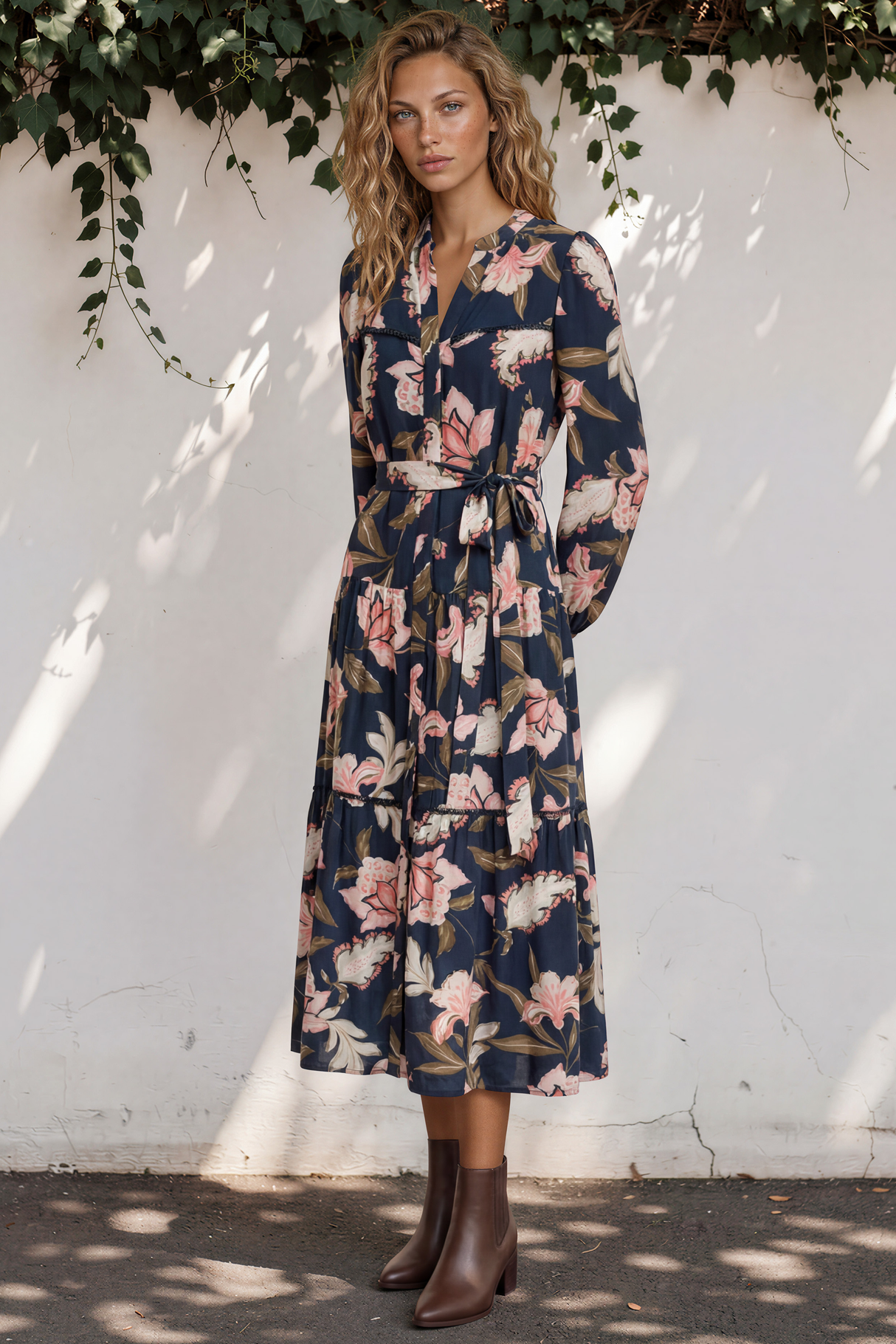 Bonham Maxi Dress - Mandarin Collar Front Button Placket Dress with Belt in Brighton Print