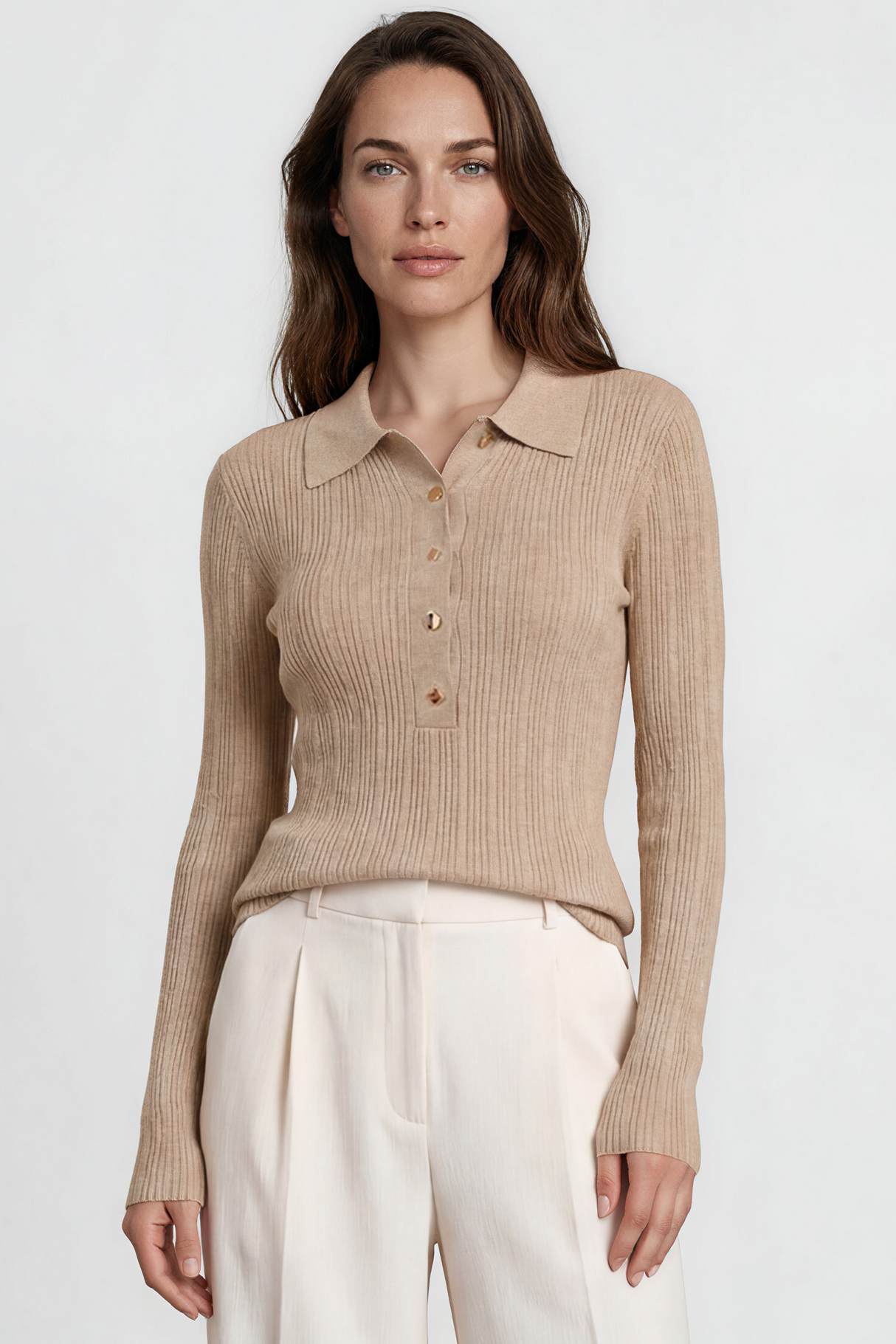 Alexander Knit Top - Ribbed Knit Top with long fitted Sleeves Oatmeal