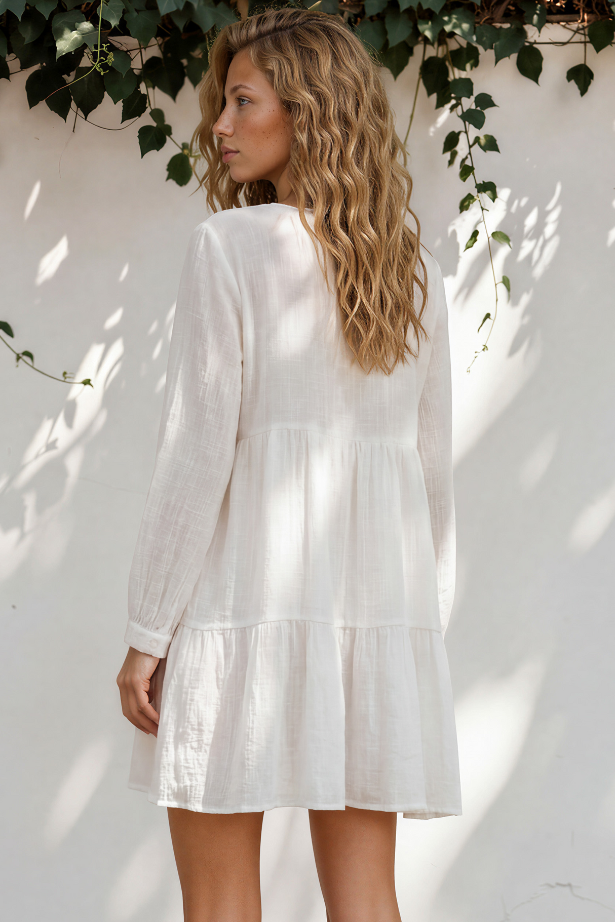 Perinni Mini Dress - Round Neckline Dress with long Sleeves in White