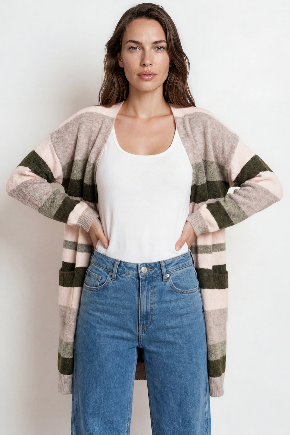 Alfie Cardigan - Open Stripe Knit with Pockets and Rib Knit Trim in Baby Pink/Mocha