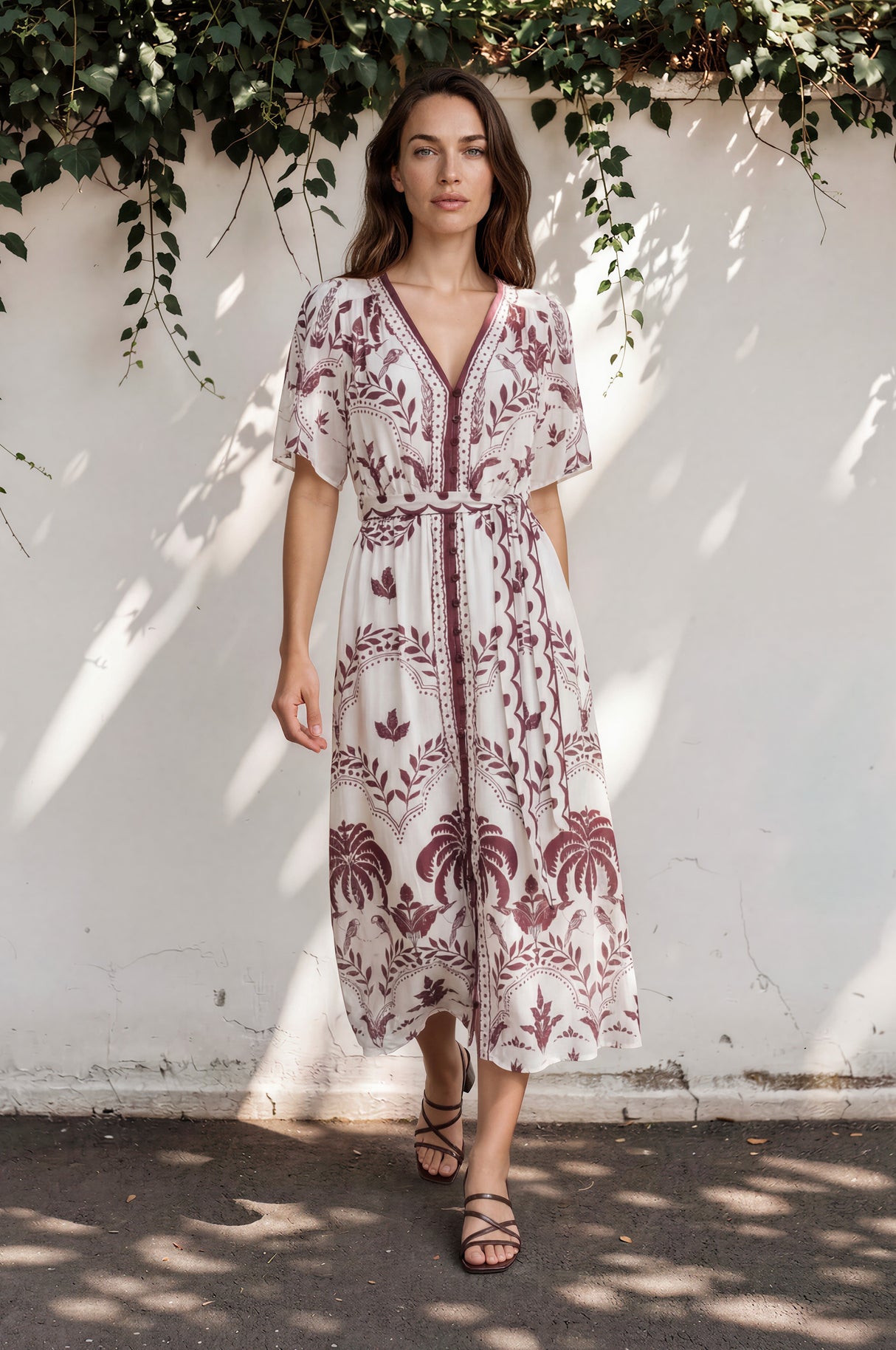 Kaitlyn Midi Dress - V-Neckline Dress with Short Flutter Sleeves in Maisy Print Wine