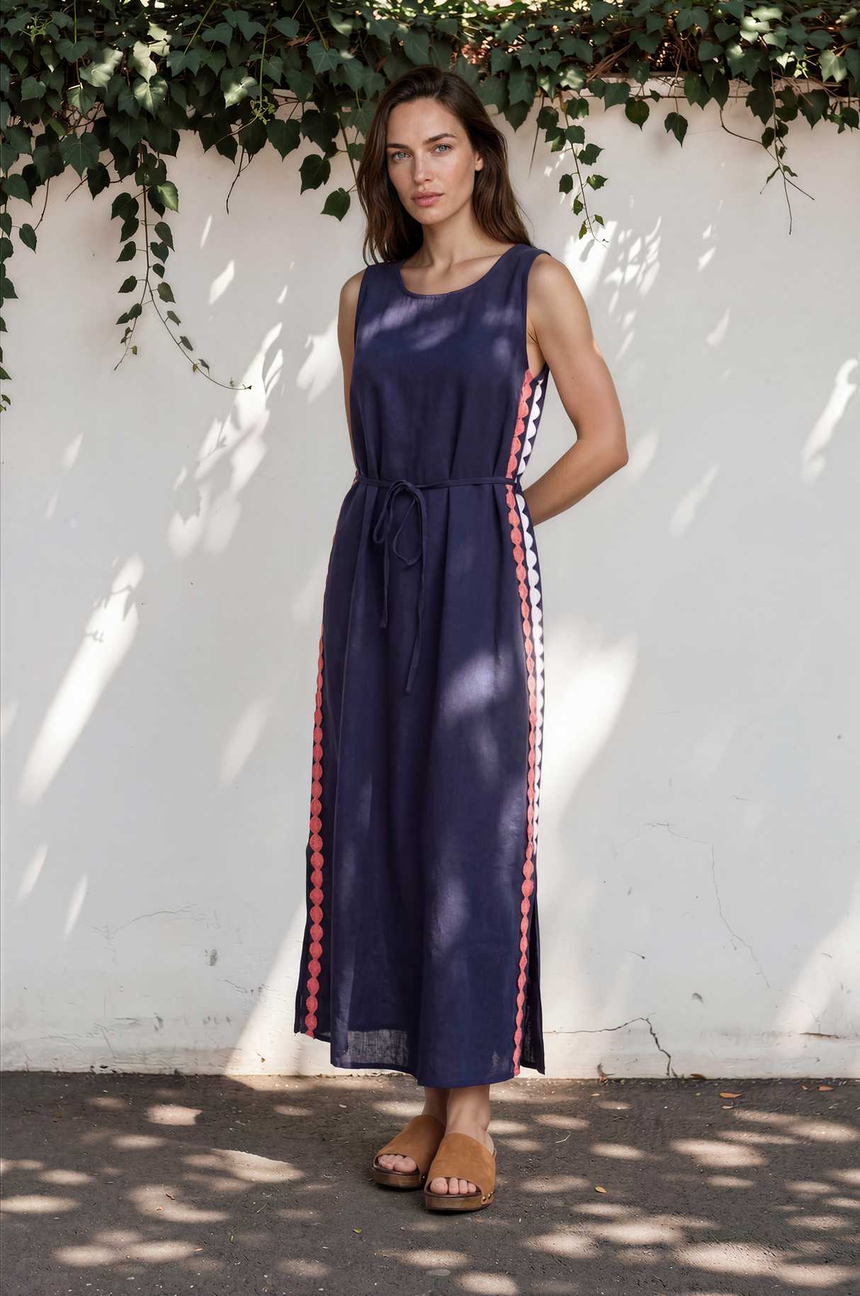 Amali Maxi Dress - Scoop Neck Shift Dress with Waist Tie and Playful Contrast Stripes in Navy