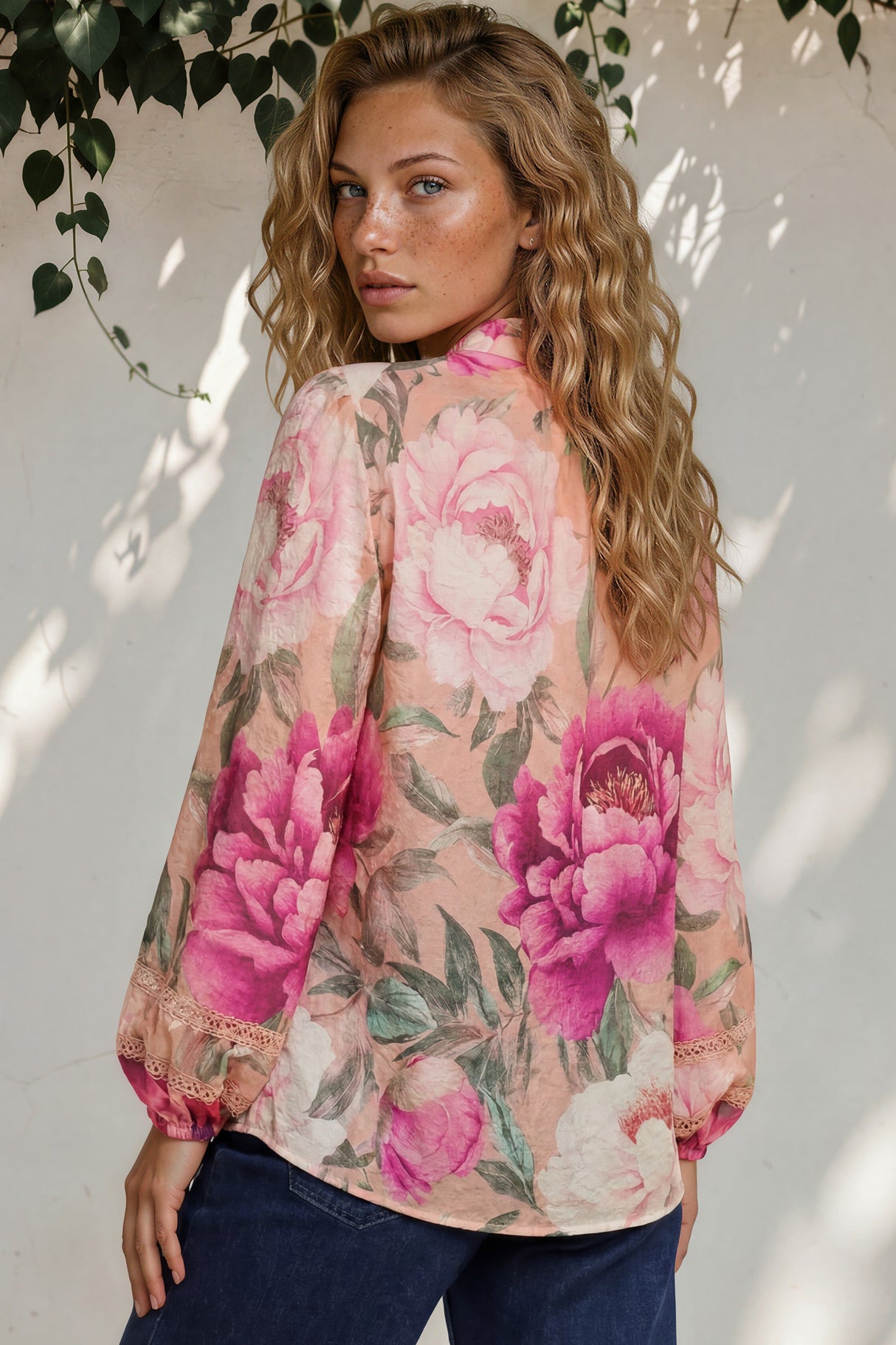 Diandra Blouse - Lace Trim Mandarin Collar Button Down with Balloon Sleeves in Tiana Print Pink