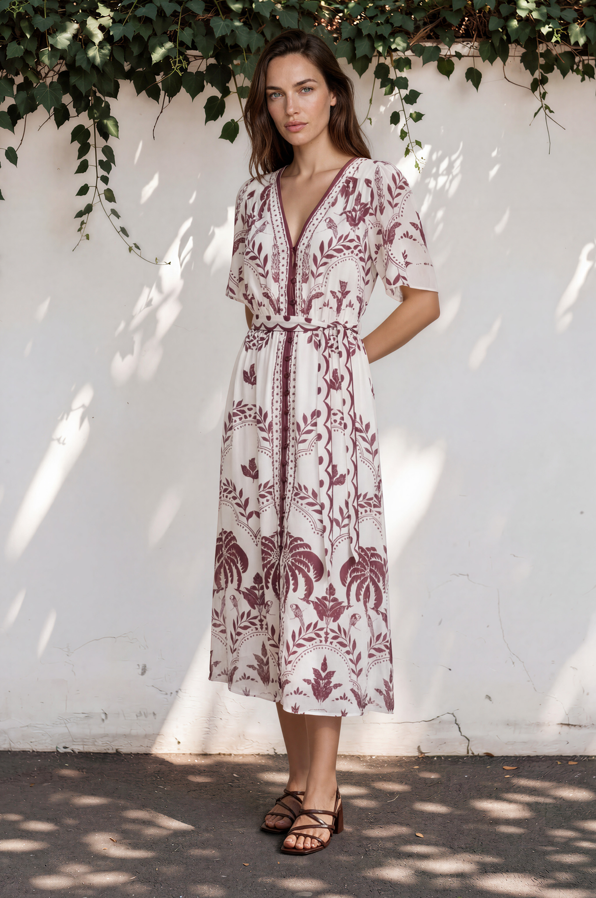 Kaitlyn Midi Dress - V-Neckline Dress with Short Flutter Sleeves in Maisy Print Wine