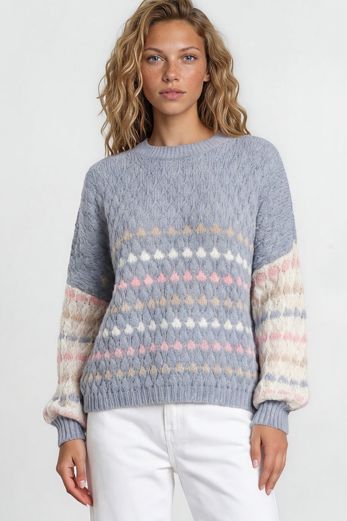 Lyla Jumper - Crew Neck Bubble Knit with Contrast Stripes in Blue