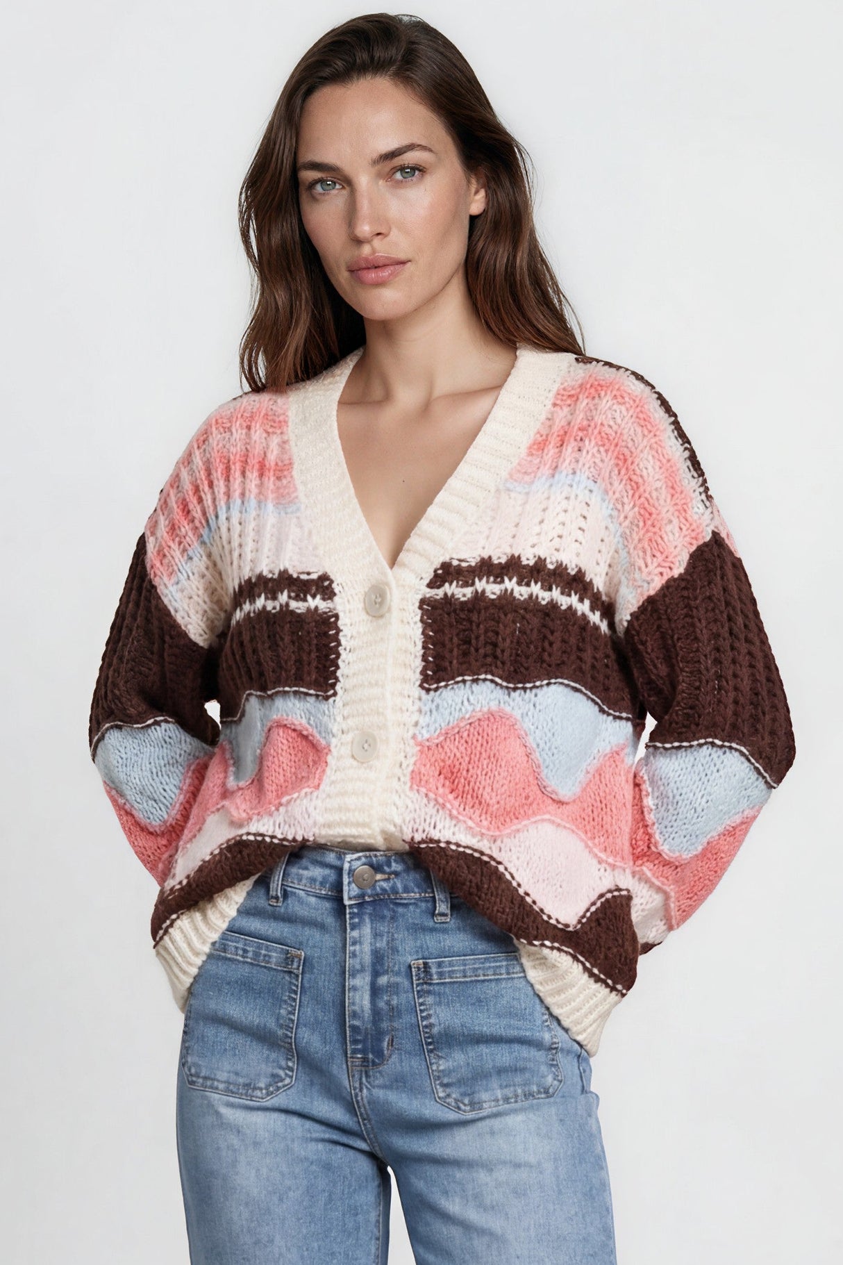 Bellamy Cardigan - Button Front V Neck Multicoloured Stripe Knit in Chocolate/Pink