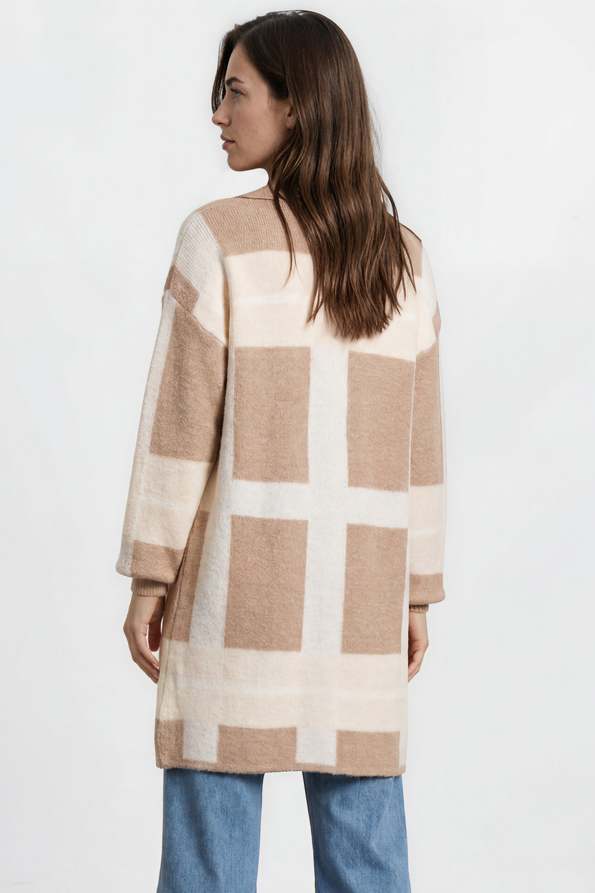 Heath Cardigan - Shawl Collar Open Front Checkered Cardigan in Beige/Camel
