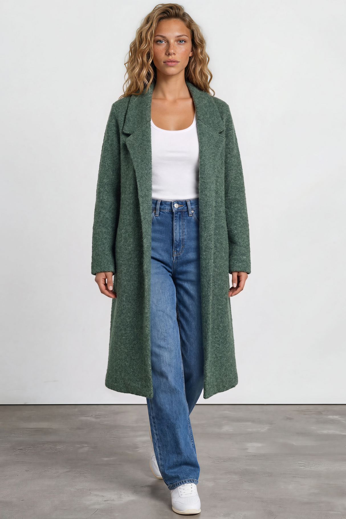Samson Cardigan - Folded Lapel Collar Coatigan with Pockets in Green