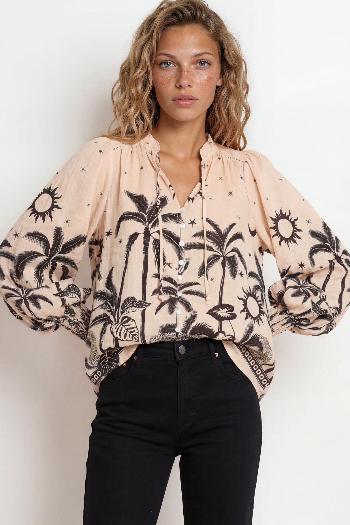 Violet Blouse - Frill Collar Button Down Balloon Sleeve Blouse In Bertie Print
