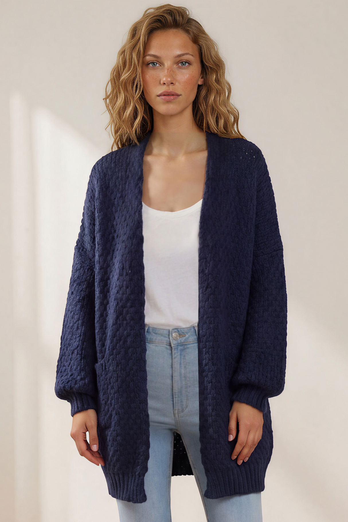 Ricki Cardigan - Open Front Chunky Knit Cardigan in Navy