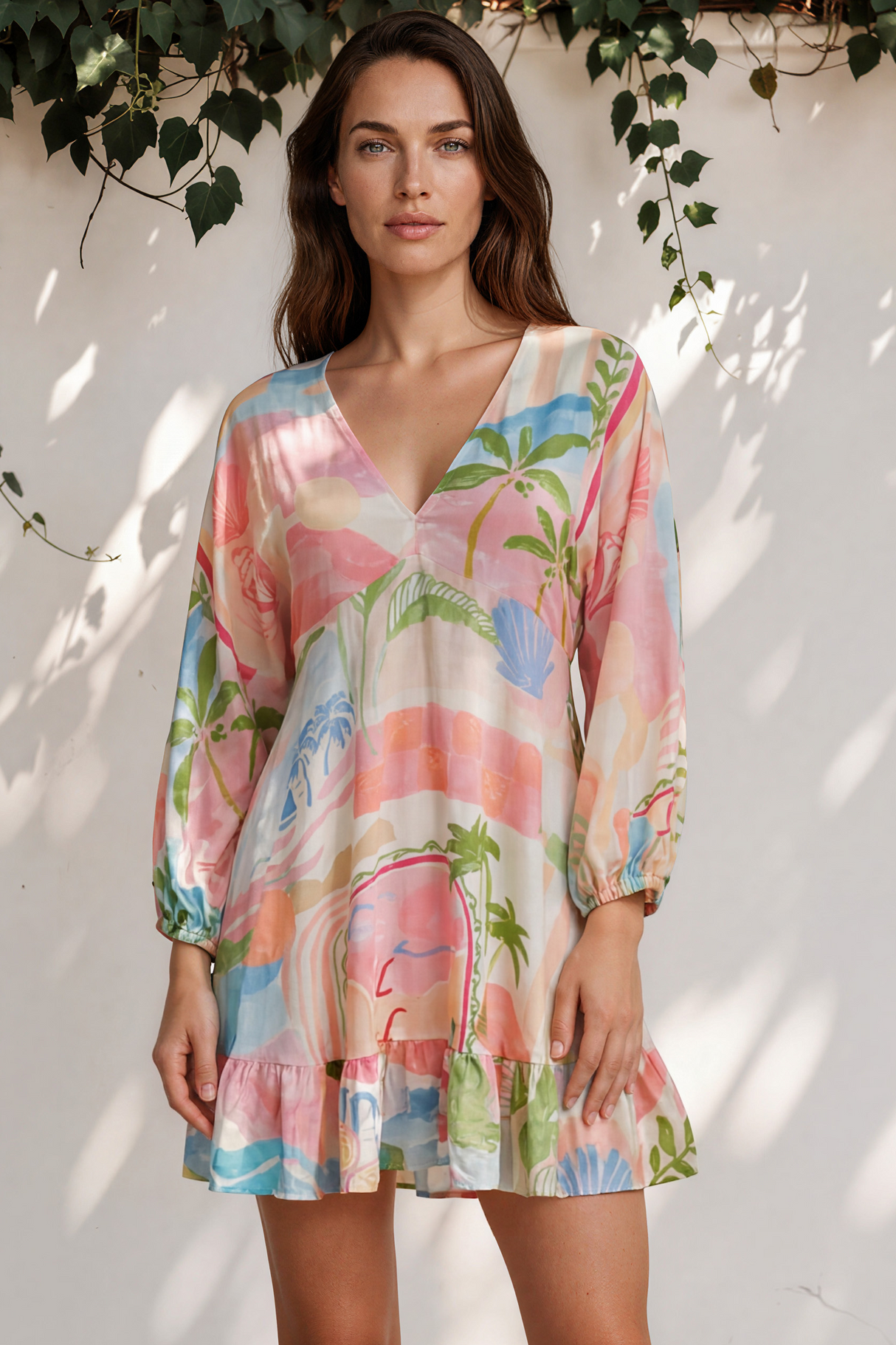 Annika Mini Dress - V-Neck Empire Line Dress with Balloon Sleeves in Avalon Print