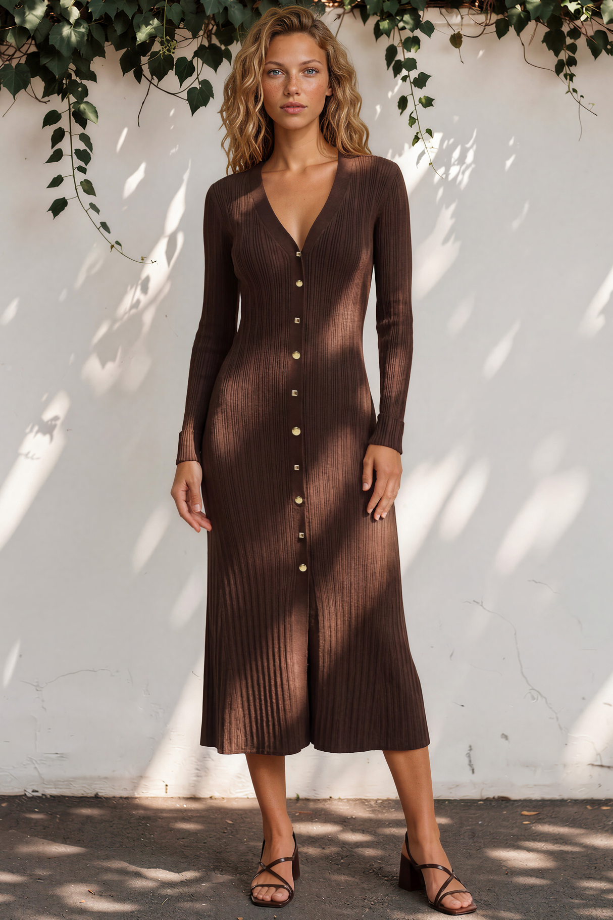 Alexander Knit Midi Dress - Ribbed Knit Dress with Long Fitted Sleeves in Chocolate