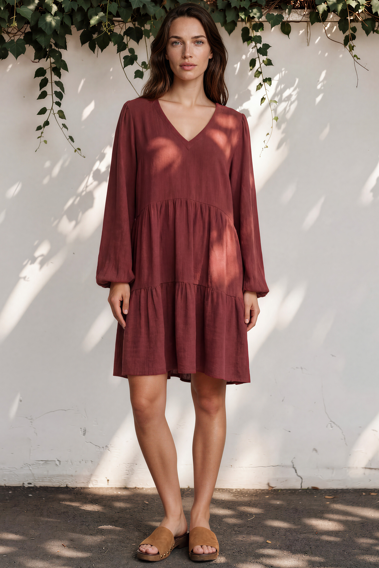 Leah Mini Dress - Soft V Neck Tiered Dress with Long Balloon Sleeves and Pockets in Rust