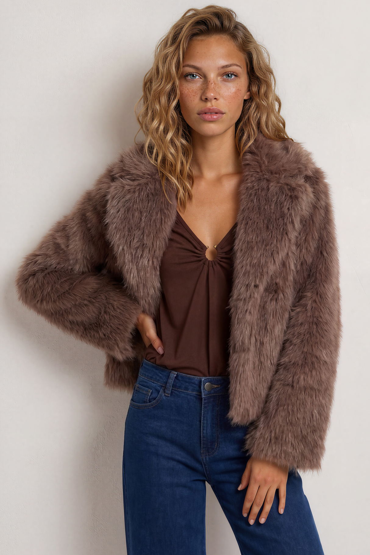 Letoile Coat - Notched Collar Faux Fur Jacket with Pockets in Mocha
