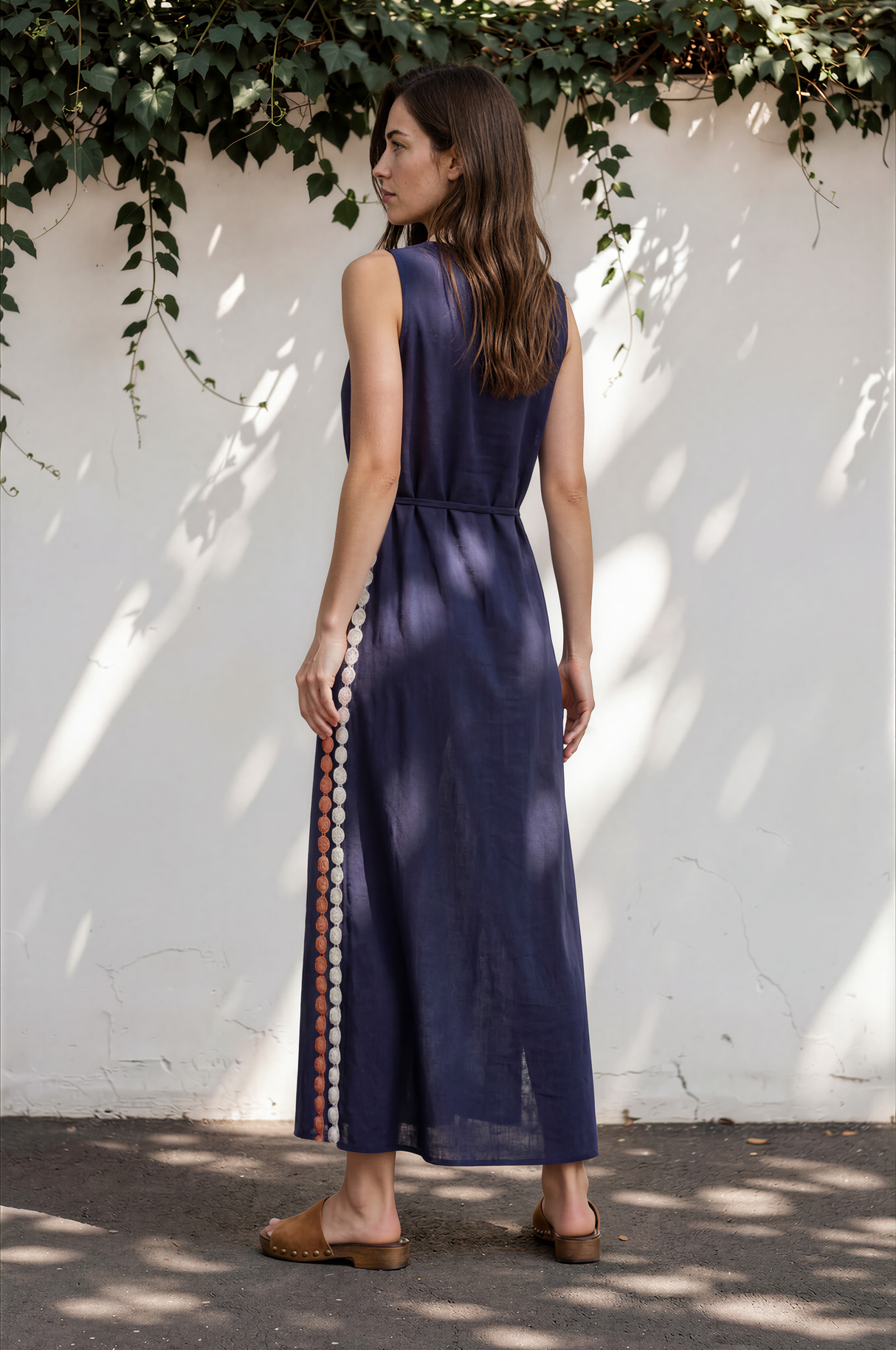 Amali Maxi Dress - Scoop Neck Shift Dress with Waist Tie and Playful Contrast Stripes in Navy
