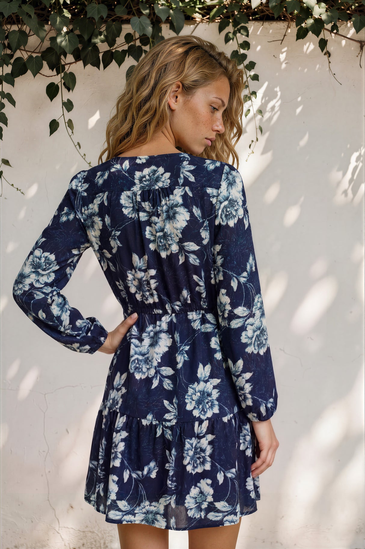 Villia Mini Dress - V Neck Buttoned Bodice Dress with Pull Tie Waist and Pockets in Minka Print Navy