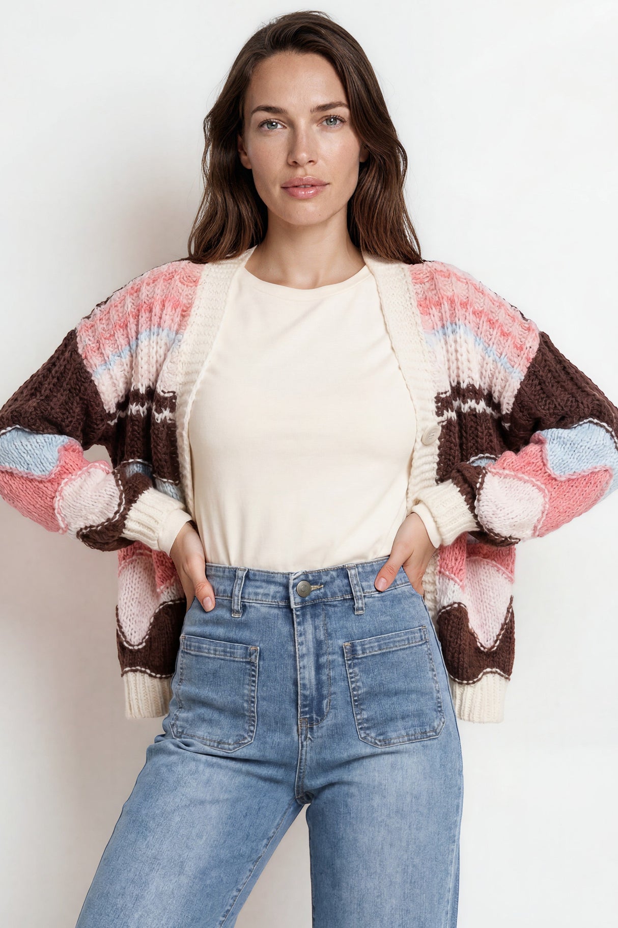 Bellamy Cardigan - Button Front V Neck Multicoloured Stripe Knit in Chocolate/Pink