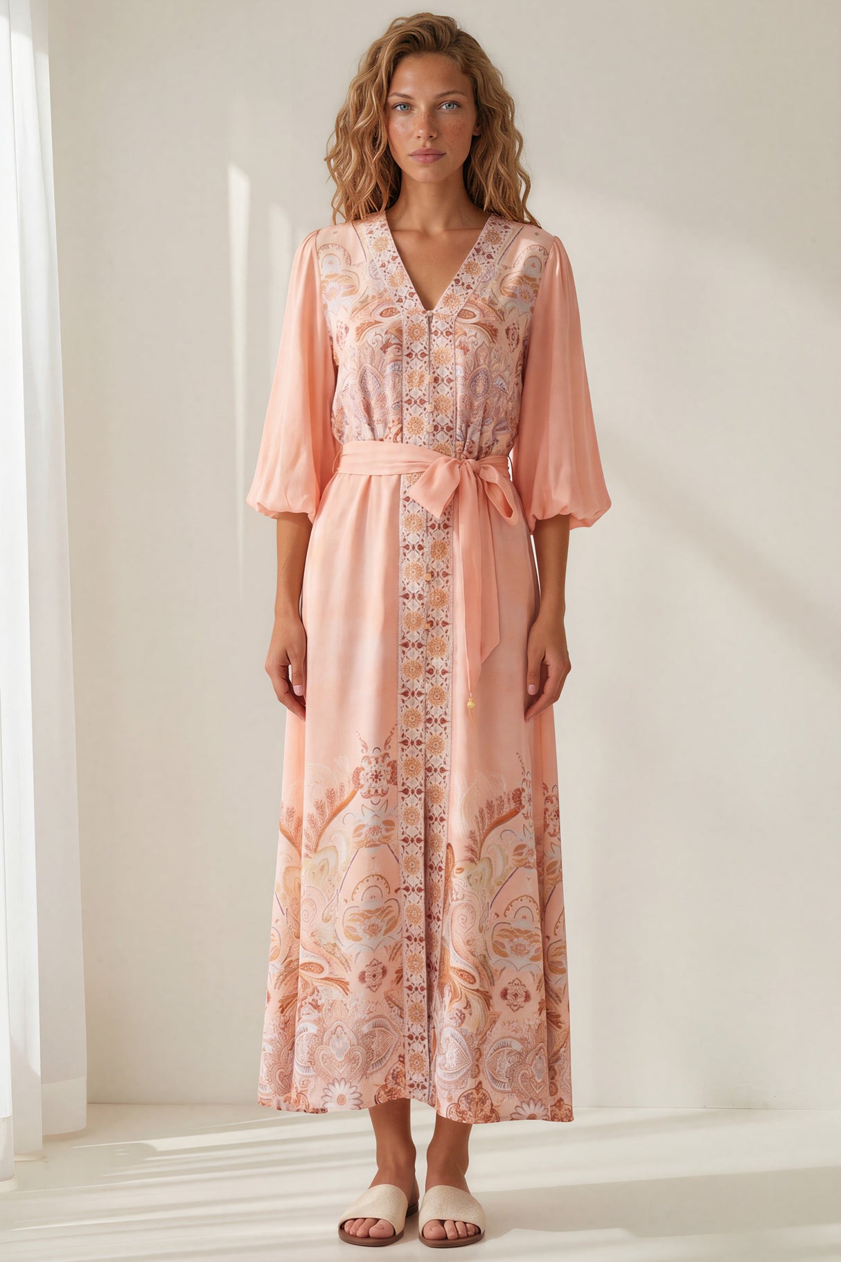 Abbey Maxi Dress - V Neck Long Sleeve Button Down with Pockets and Belt in Jolie Print