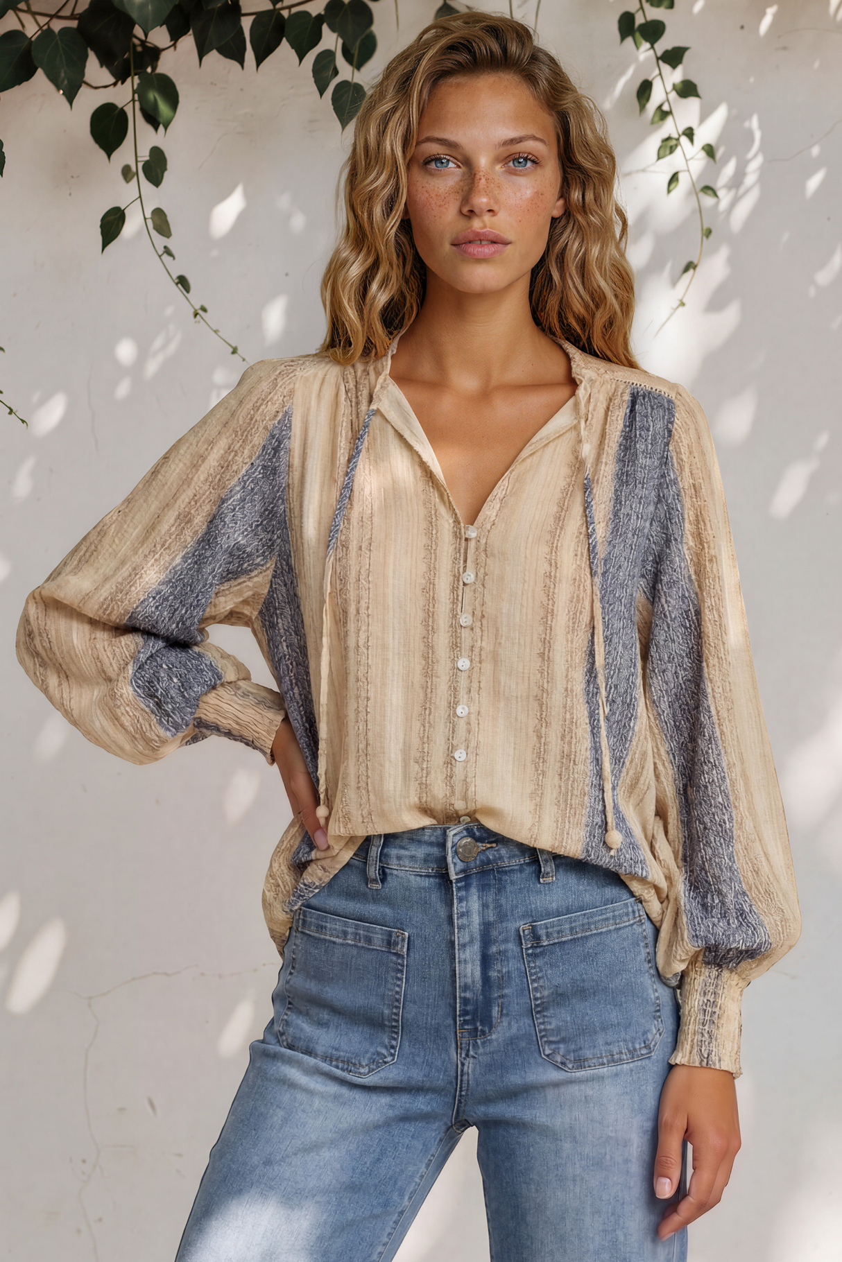 Violet Blouse - Frill Collar Button Down Balloon Sleeve Blouse In Millaray Print