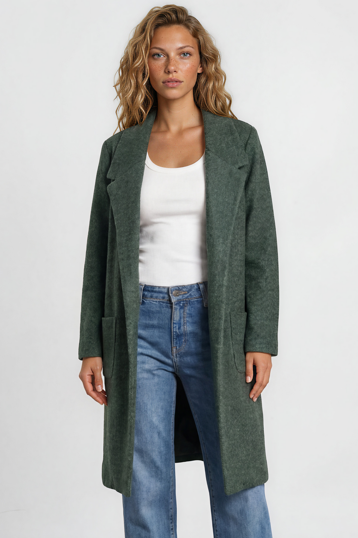 Samson Cardigan - Folded Lapel Collar Coatigan with Pockets in Green