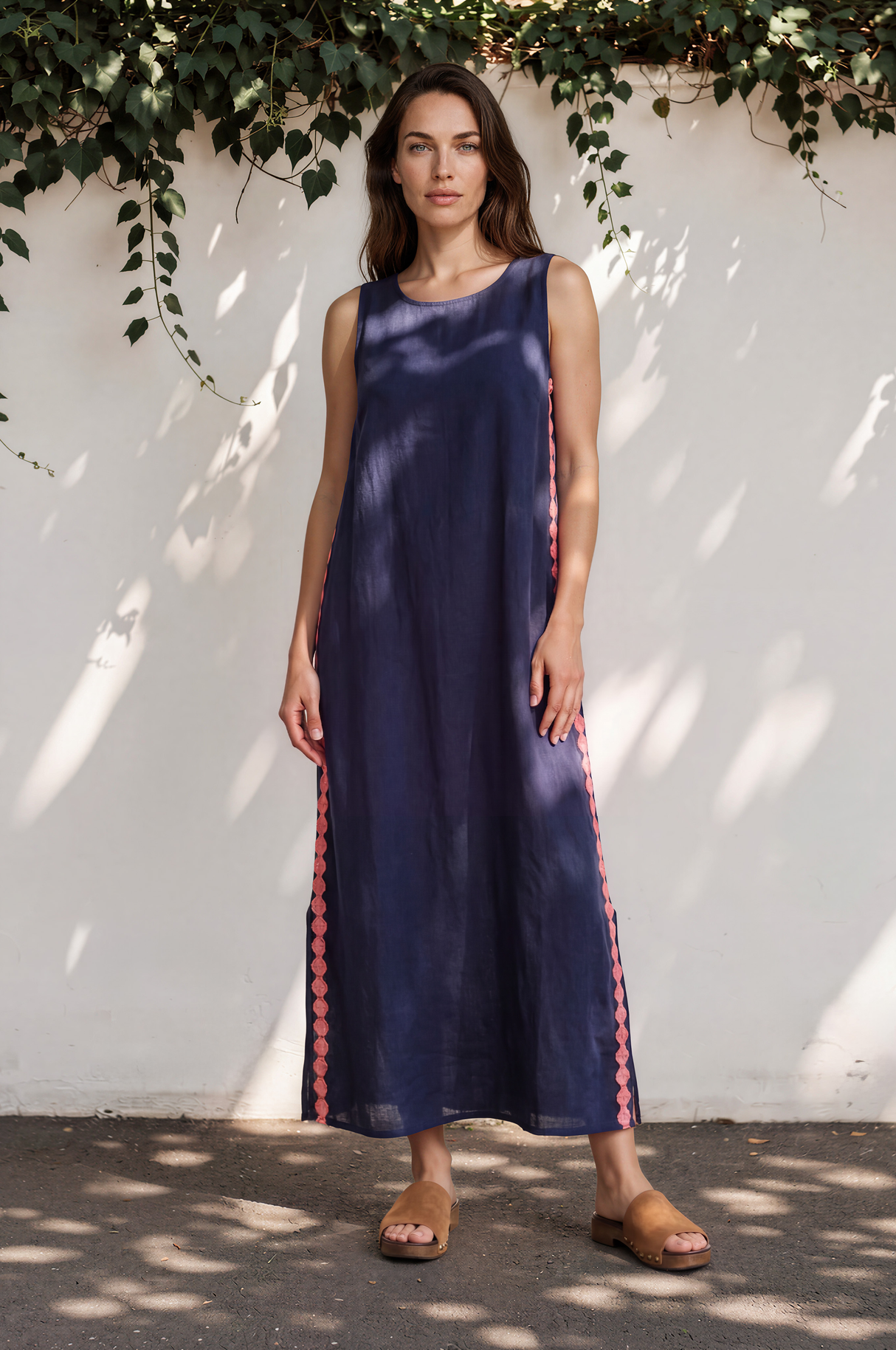 Amali Maxi Dress - Scoop Neck Shift Dress with Waist Tie and Playful Contrast Stripes in Navy