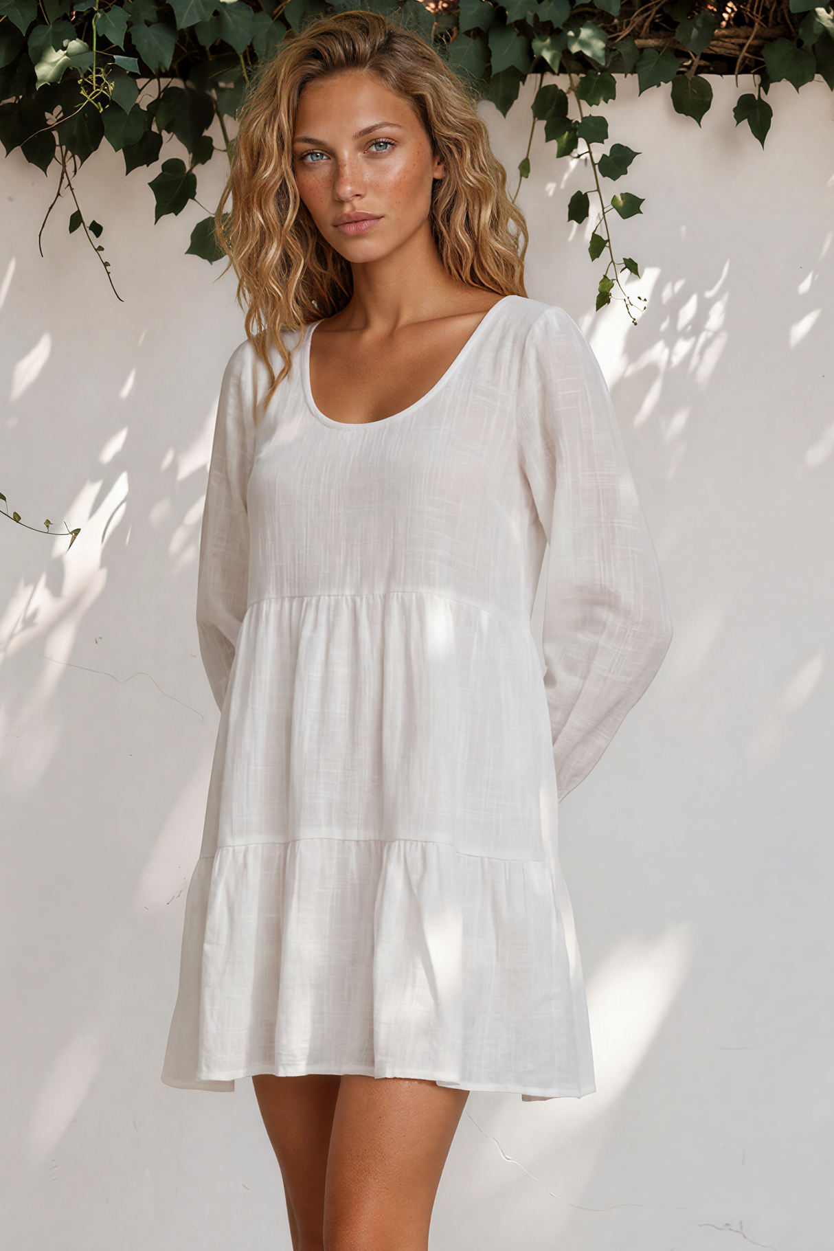 Perinni Mini Dress - Round Neckline Dress with long Sleeves in White