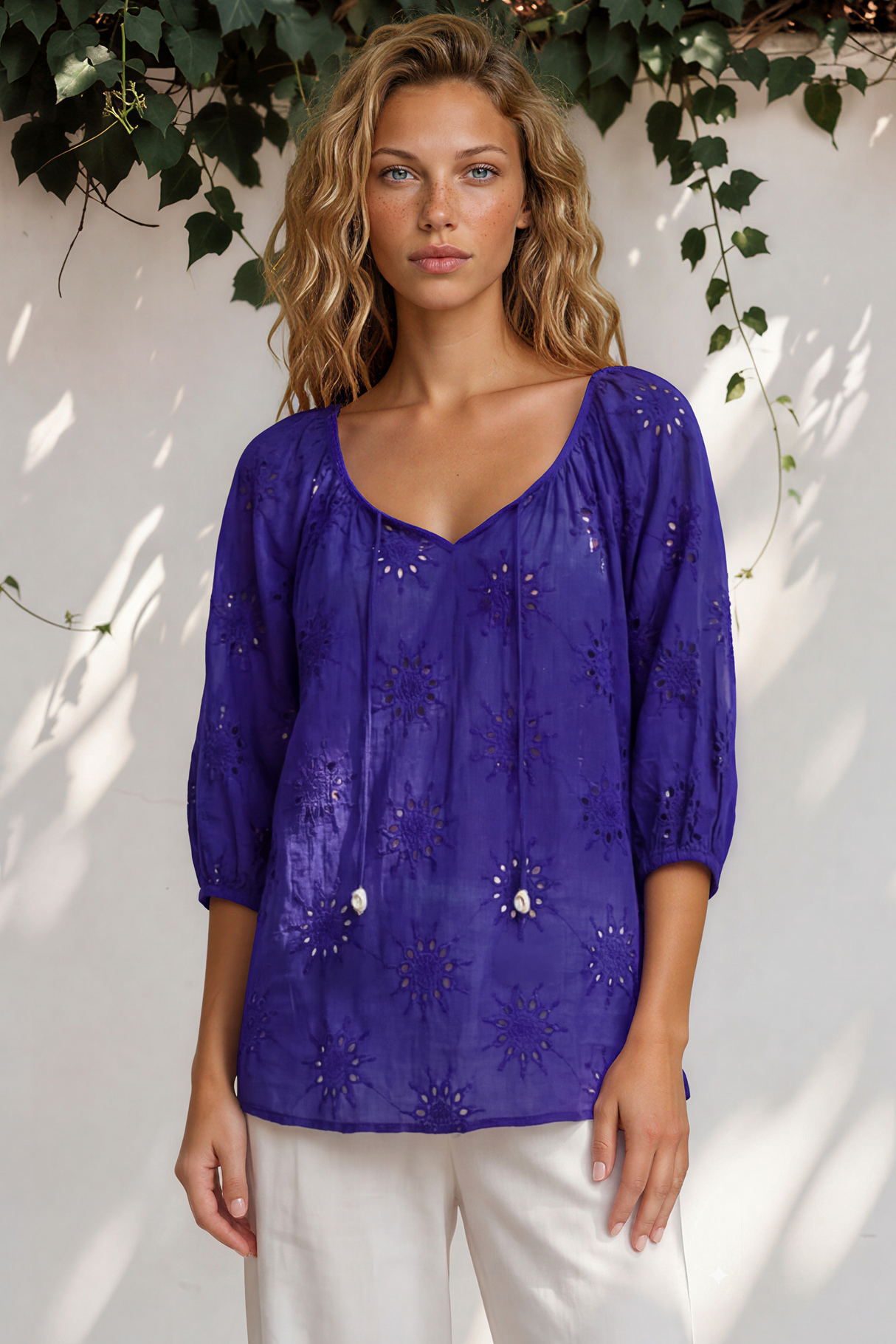 Blanche Blouse - Hollow out Embroidered Top in Royal Blue