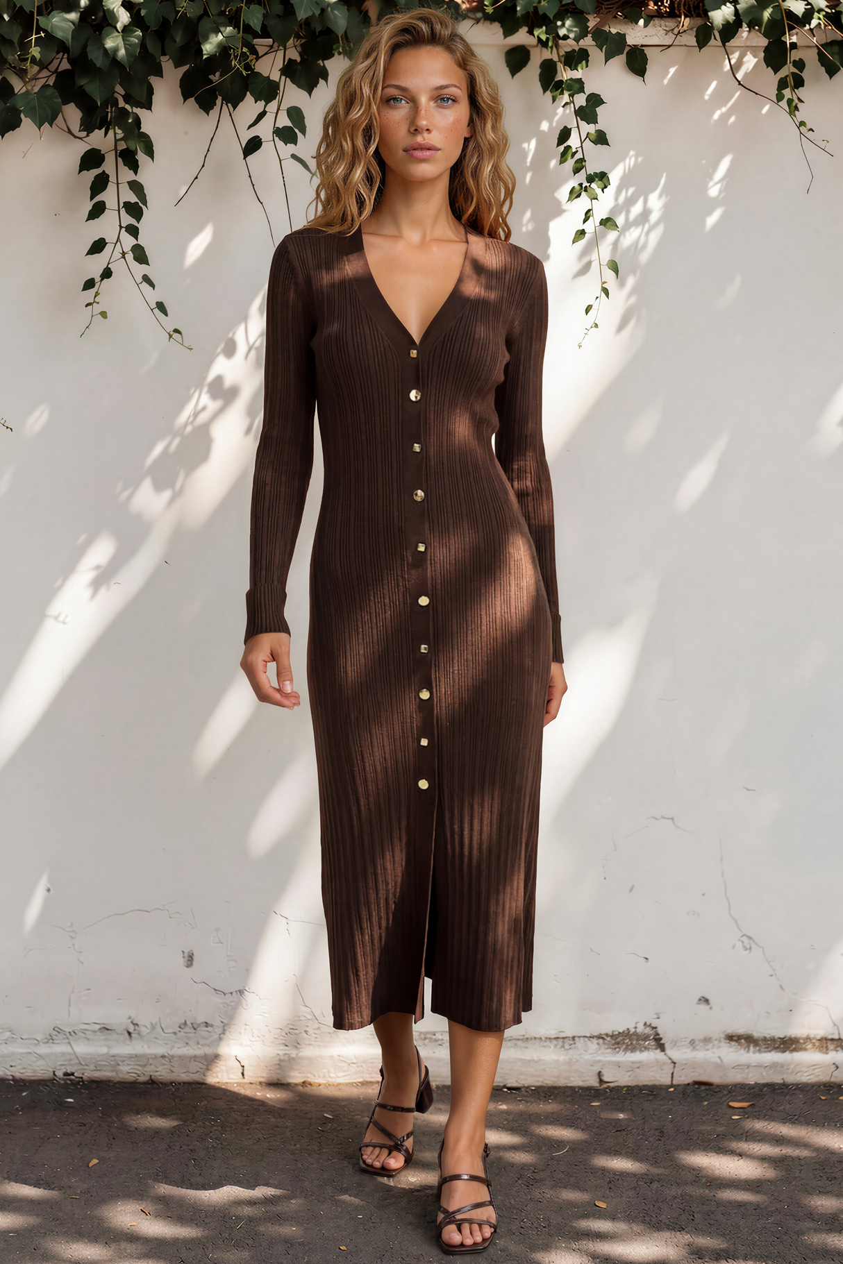 Alexander Knit Midi Dress - Ribbed Knit Dress with Long Fitted Sleeves in Chocolate