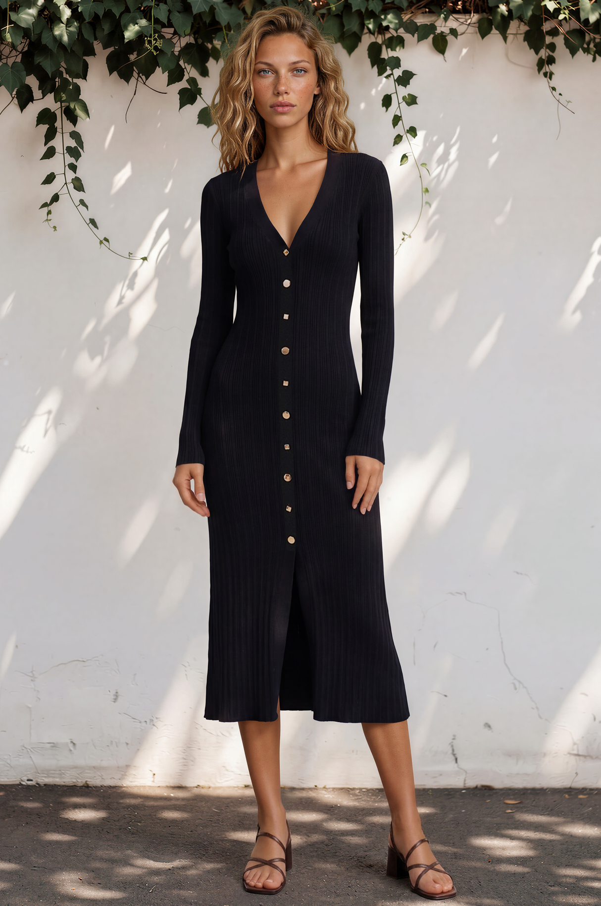 Alexander Knit Midi Dress - Ribbed Knit Dress with Long Fitted Sleeves in Black