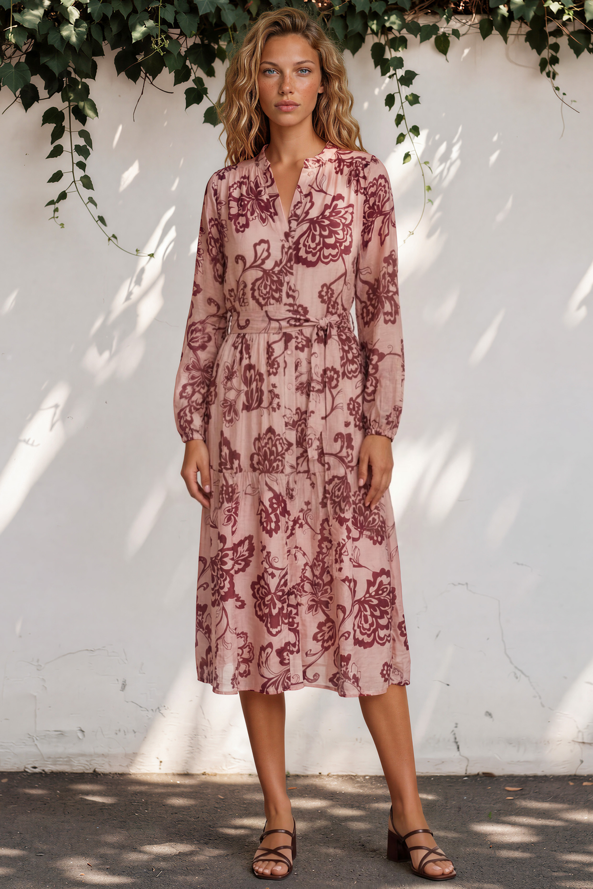 Katie Midi Dress - V-Neckline Dress with Long Sleeves in Elisha Print