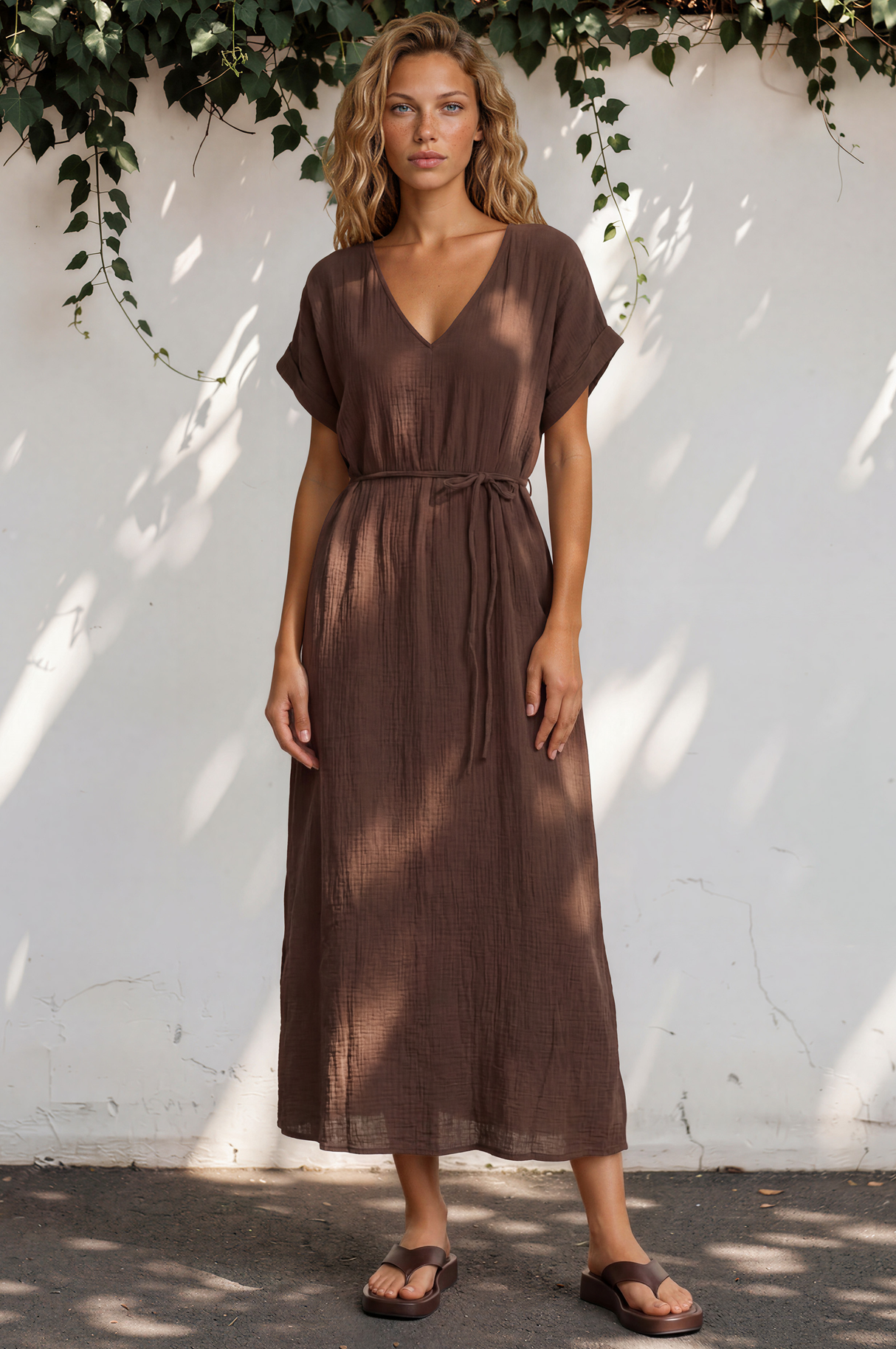 Emelia Maxi Dress - V-Neckline Dress with Short Folded Sleeves in Chocolate