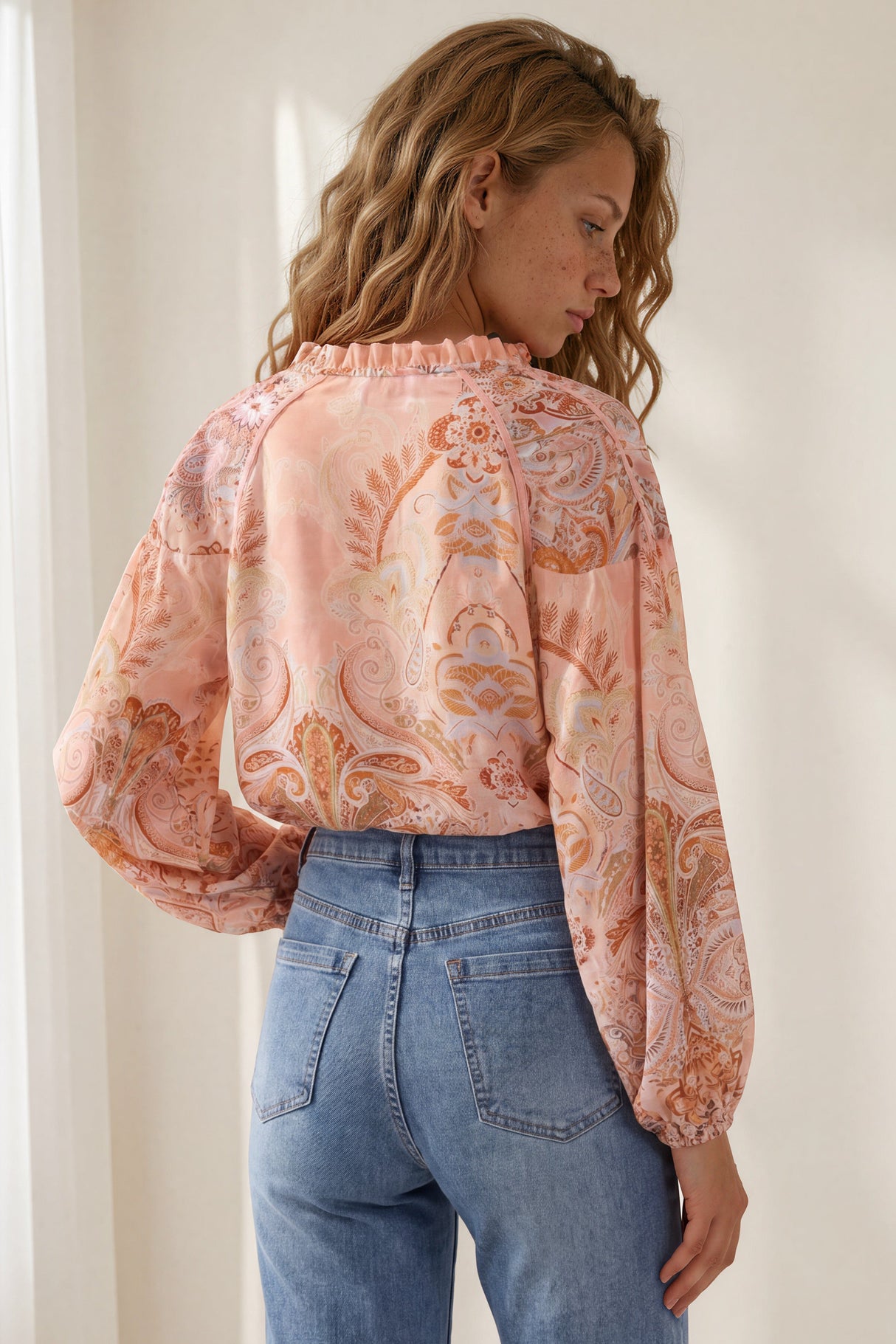 Amalfi Blouse - Frill Collar Button Down with Long Balloon Sleeves in Jolie Print