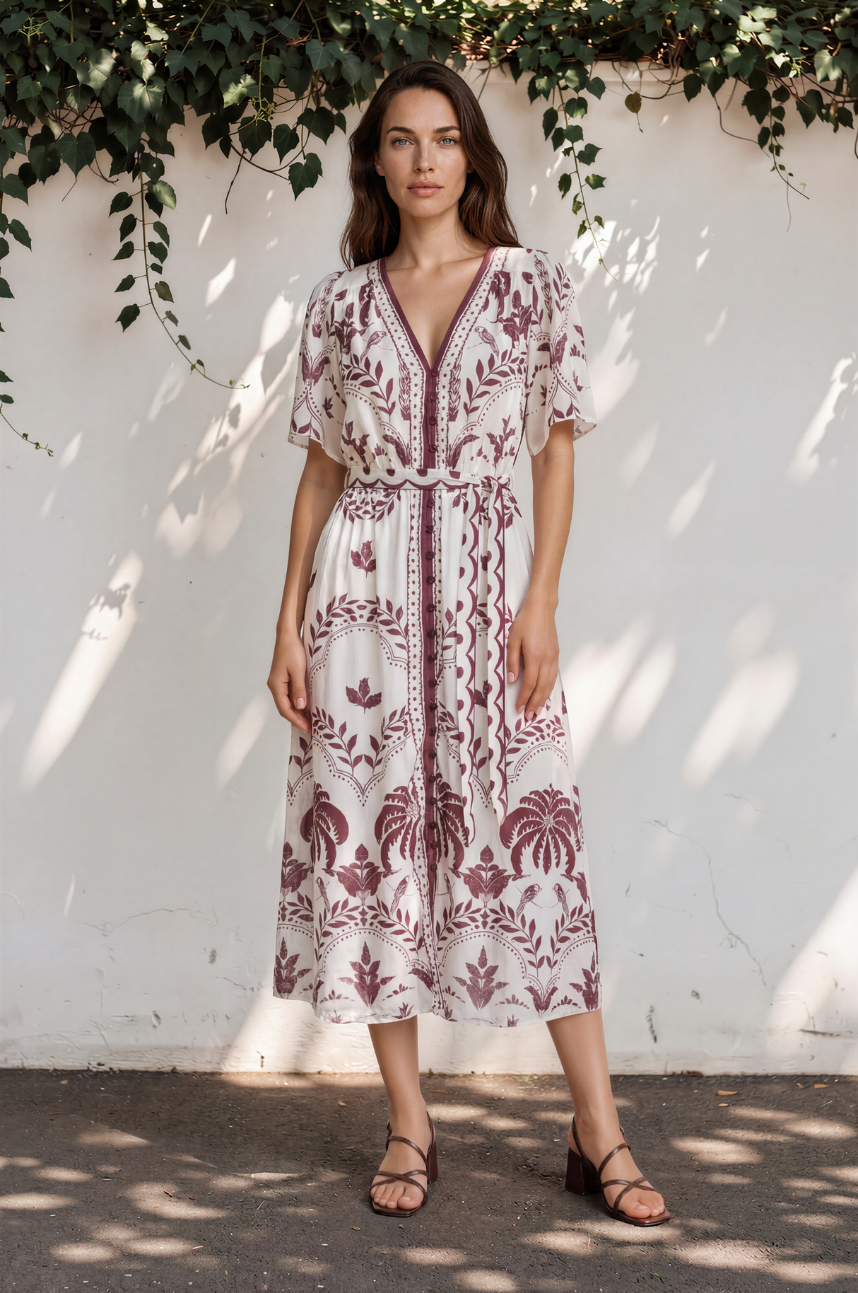 Kaitlyn Midi Dress - V-Neckline Dress with Short Flutter Sleeves in Maisy Print Wine