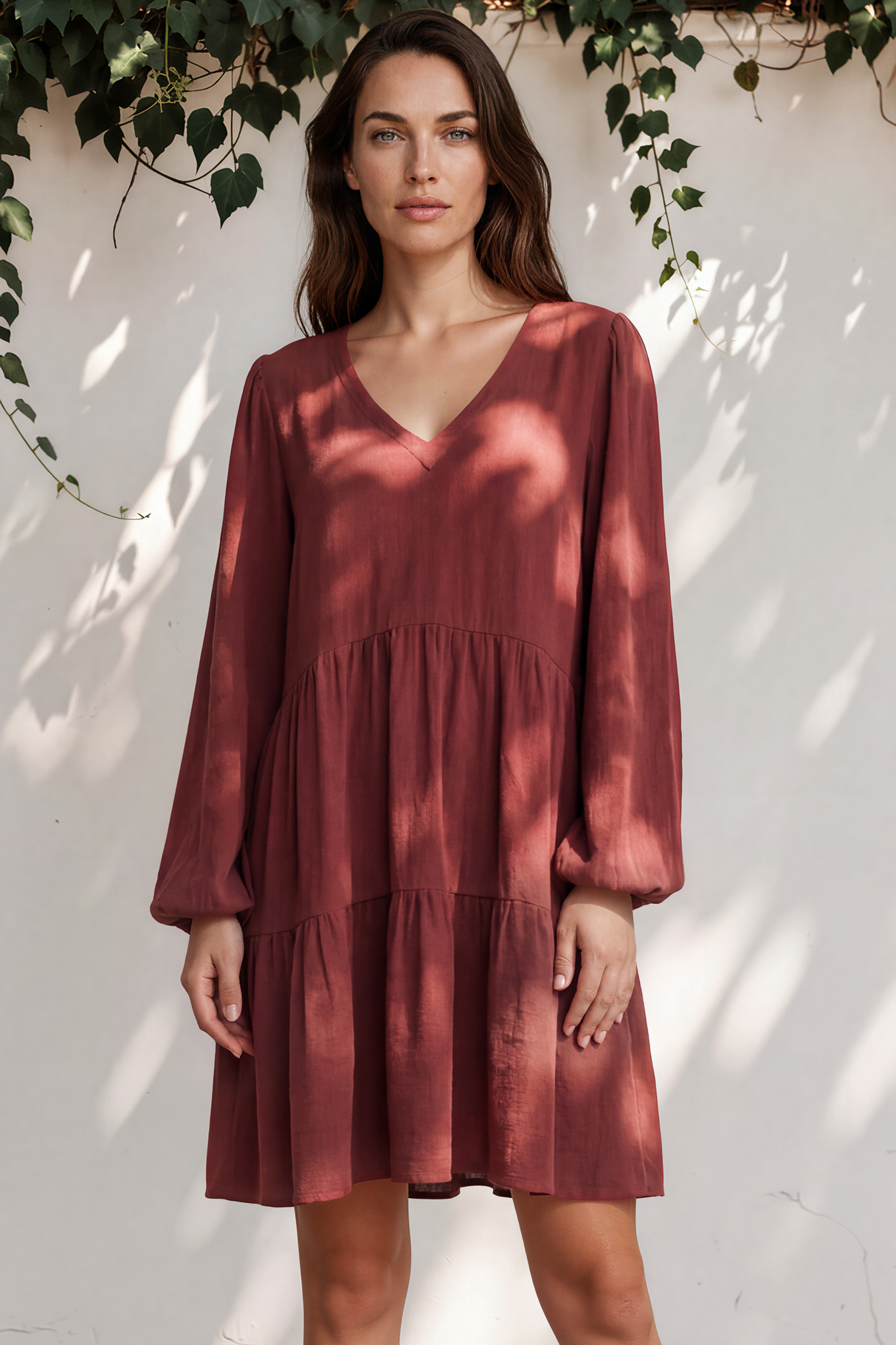 Leah Mini Dress - Soft V Neck Tiered Dress with Long Balloon Sleeves and Pockets in Rust