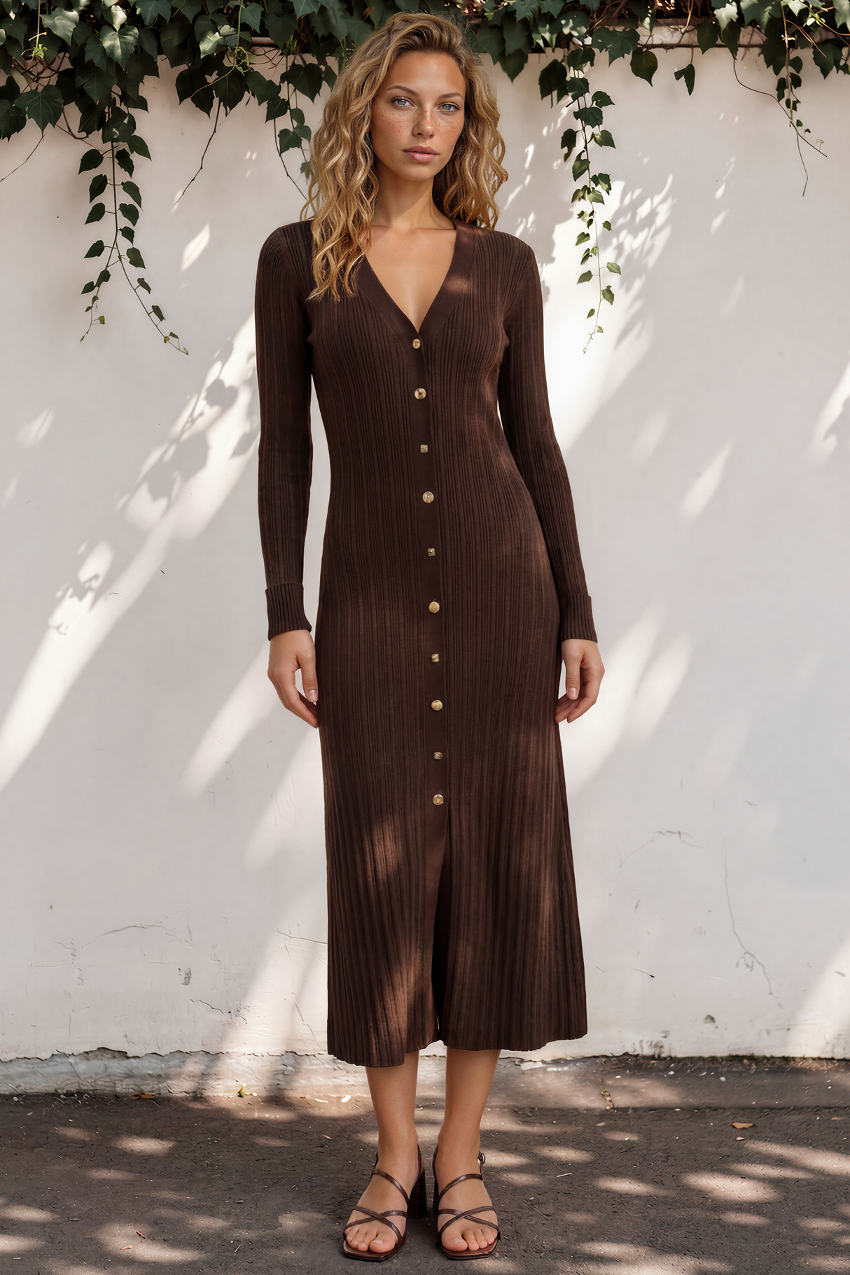 Alexander Knit Midi Dress - Ribbed Knit Dress with Long Fitted Sleeves in Chocolate