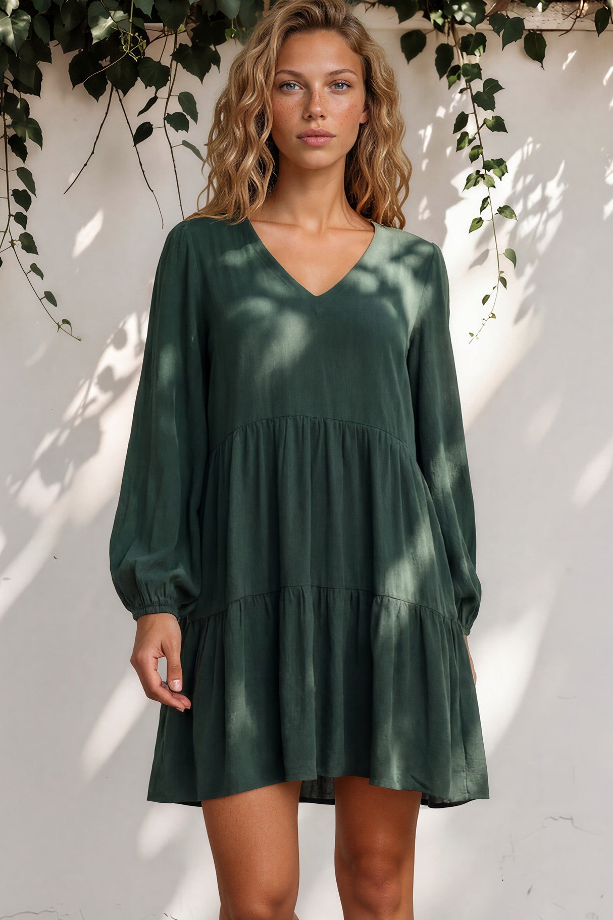 Leah Mini Dress - Soft V Neck Tiered Dress with Long Balloon Sleeves and Pockets in Green