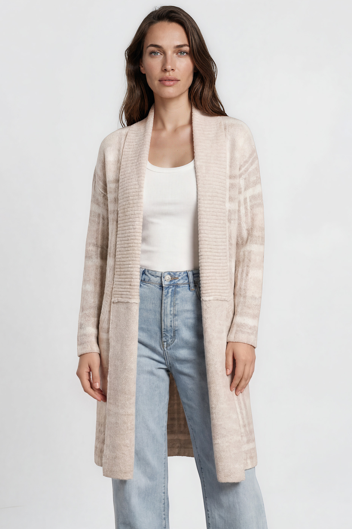Darlington Cardigan - Ribbed Shawl Collar Checkered Knit with Pockets in Beige