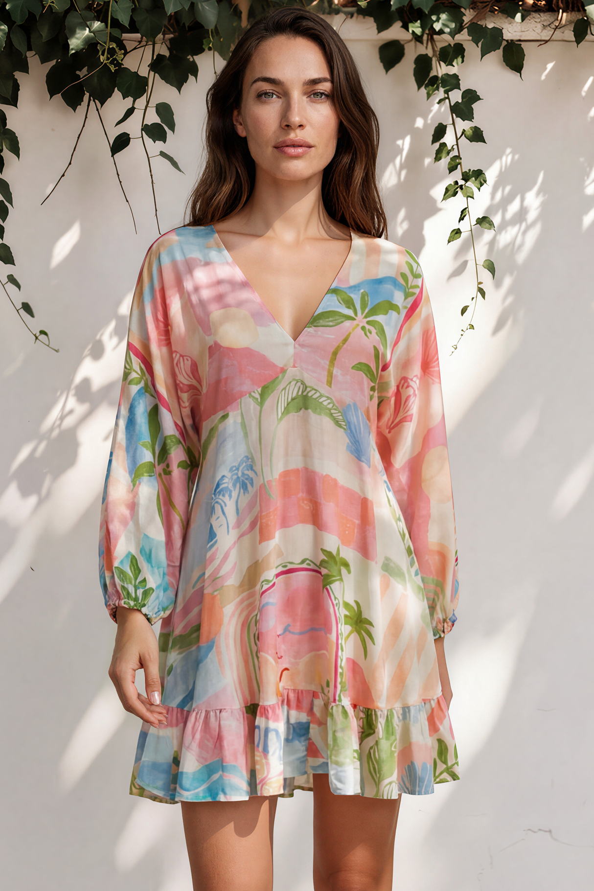 Annika Mini Dress - V-Neck Empire Line Dress with Balloon Sleeves in Avalon Print
