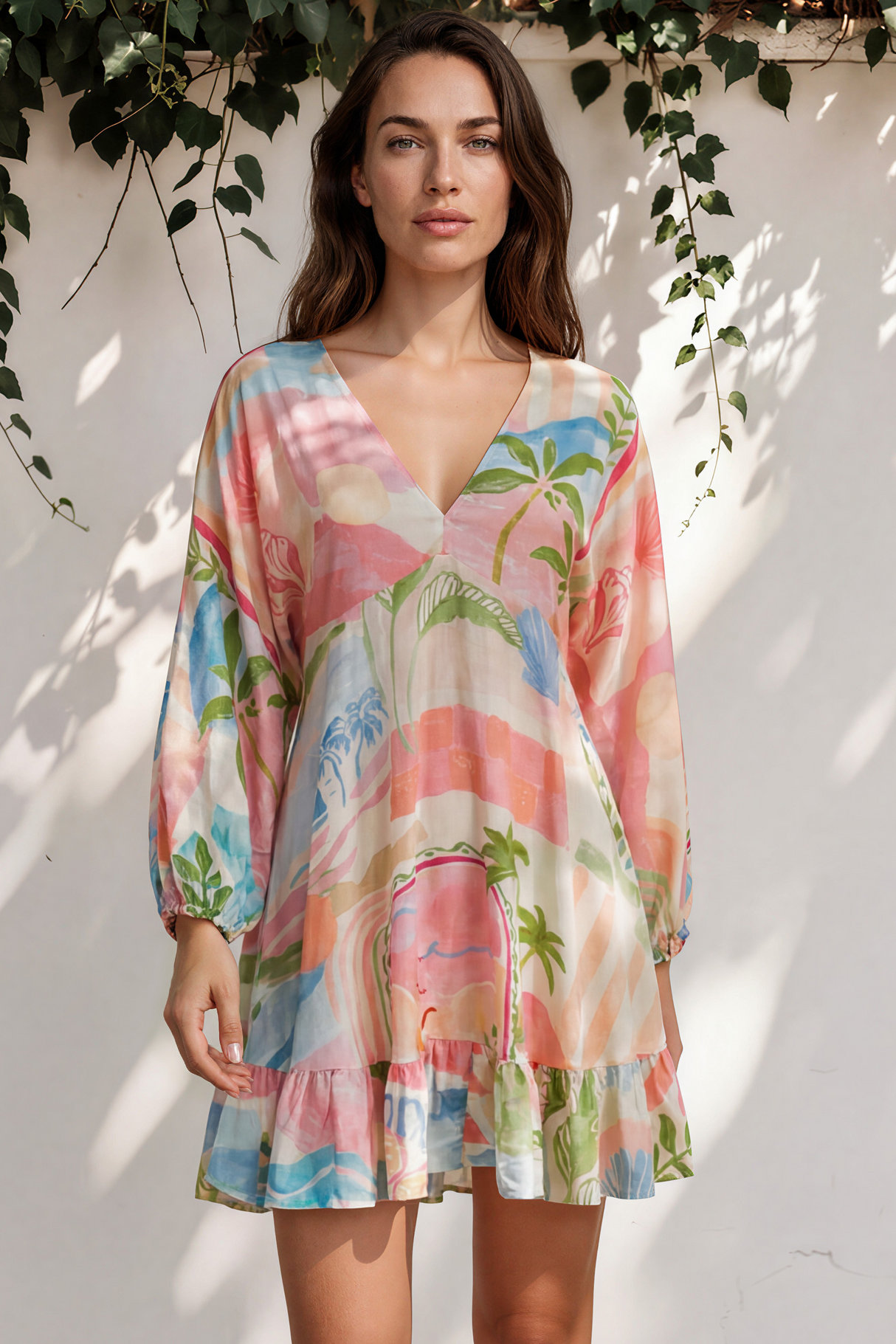 Annika Mini Dress - V-Neck Empire Line Dress with Balloon Sleeves in Avalon Print