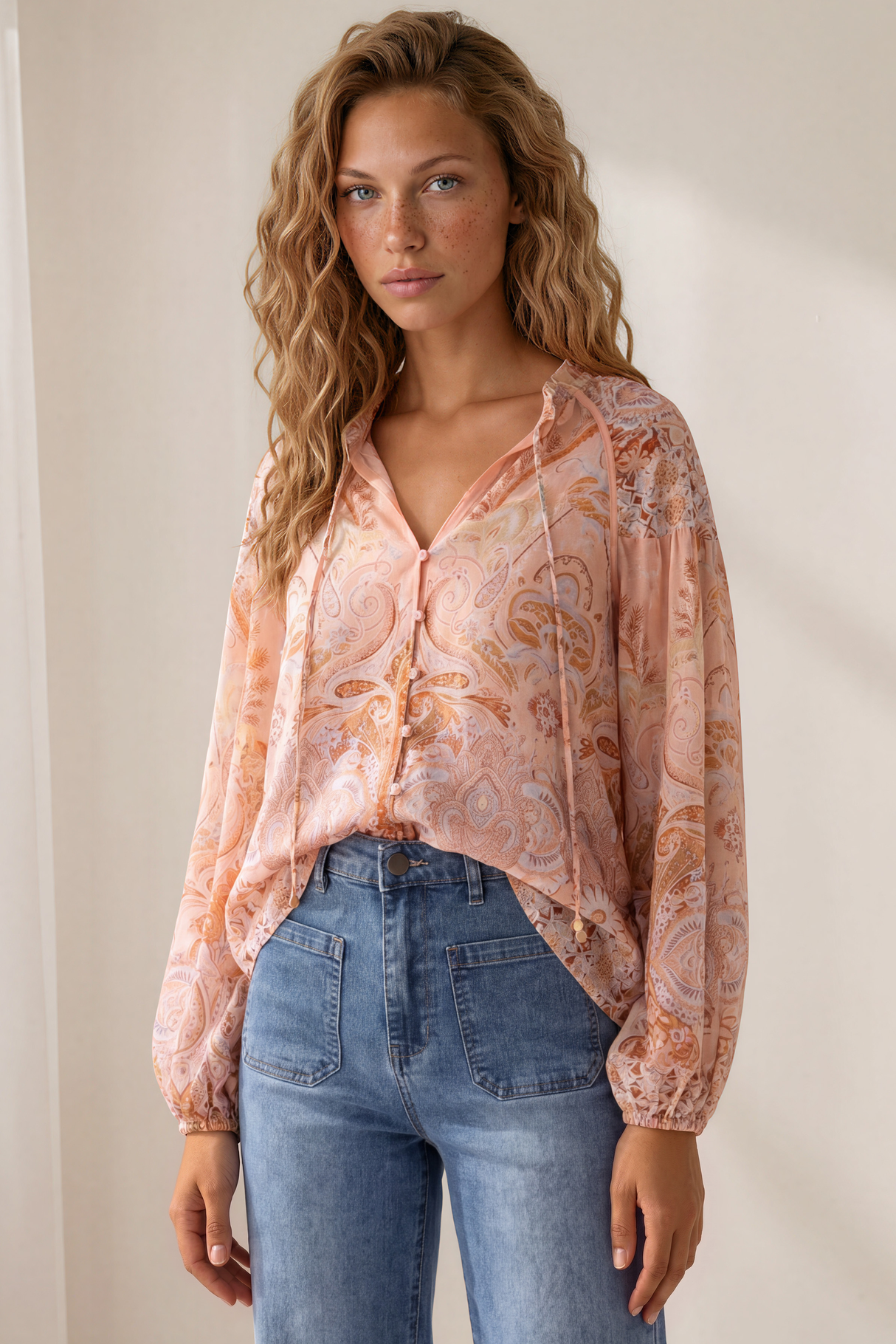 Amalfi Blouse - Frill Collar Button Down with Long Balloon Sleeves in Jolie Print