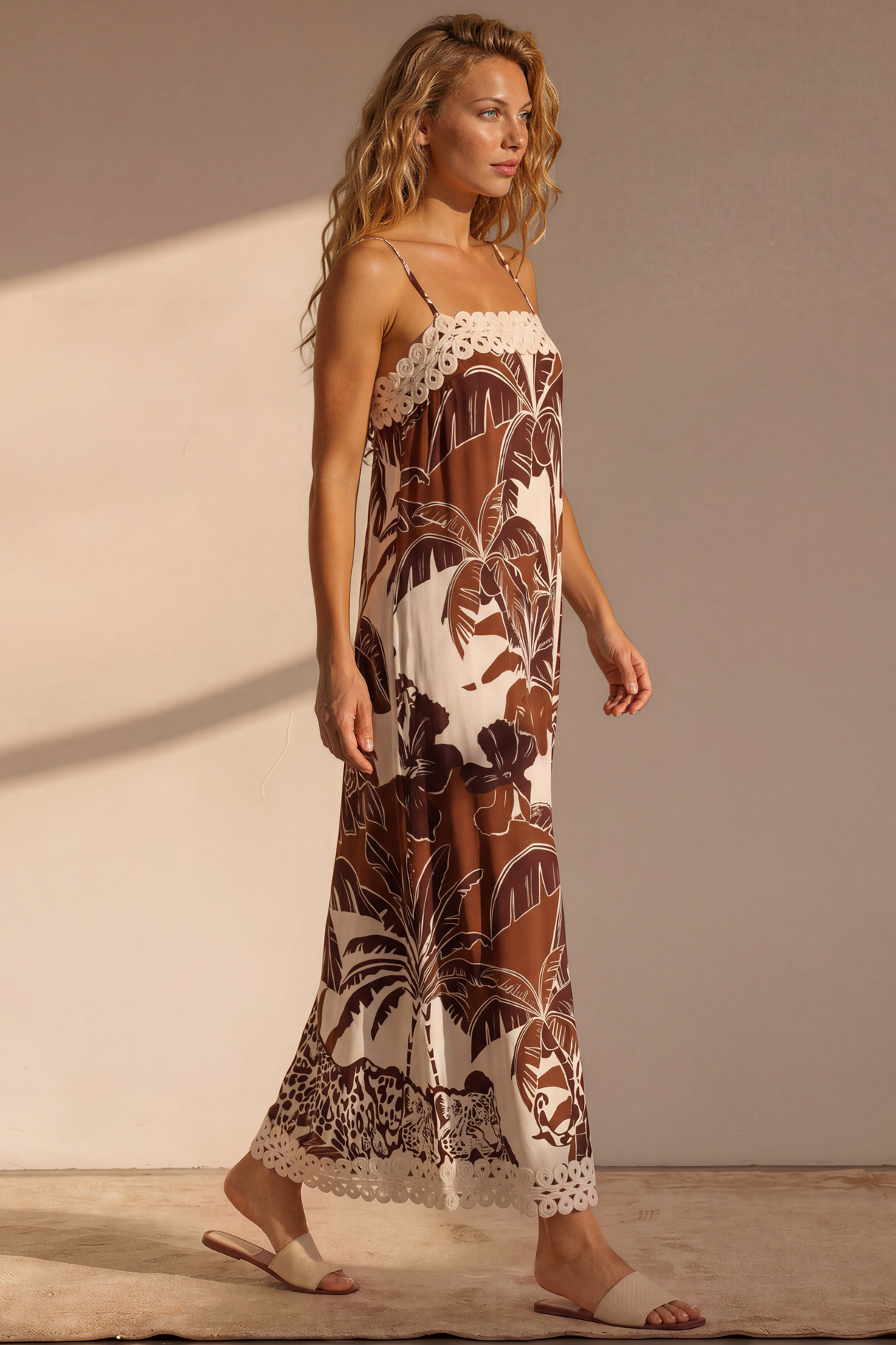 Marcella Maxi Dress - Spaghetti Strap Sun Dress with Lace Trims in Samara Print