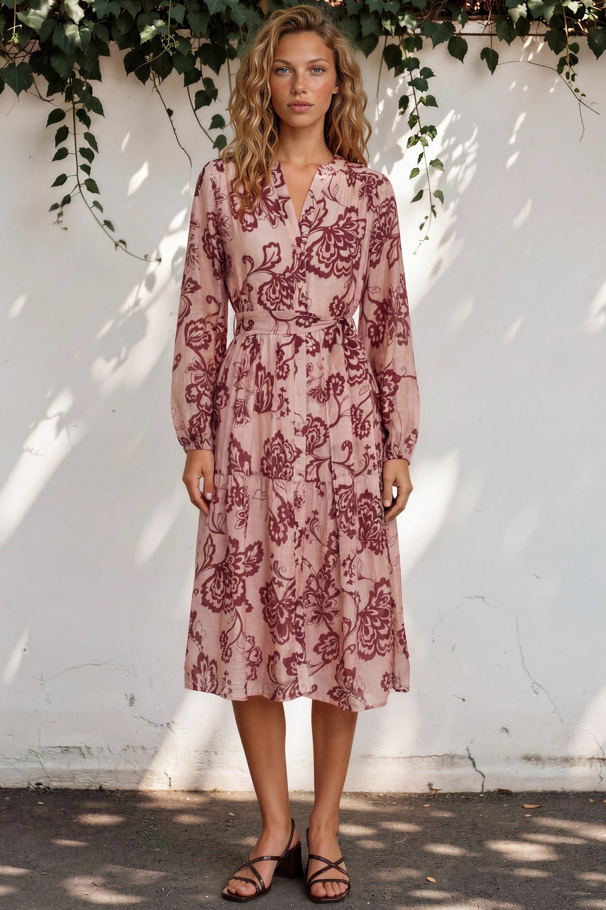 Katie Midi Dress - V-Neckline Dress with Long Sleeves in Elisha Print