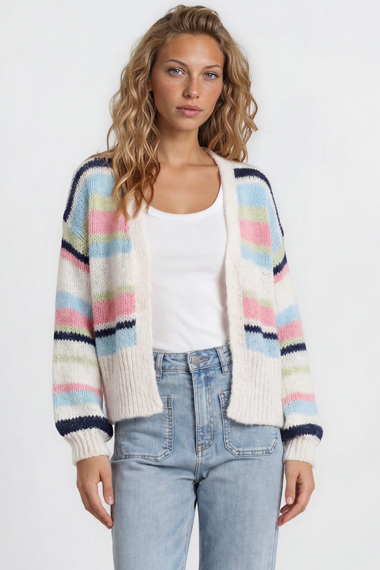 Soren Cardigan - Open Front Striped Knit with Rib Knit Trim in White/Blue
